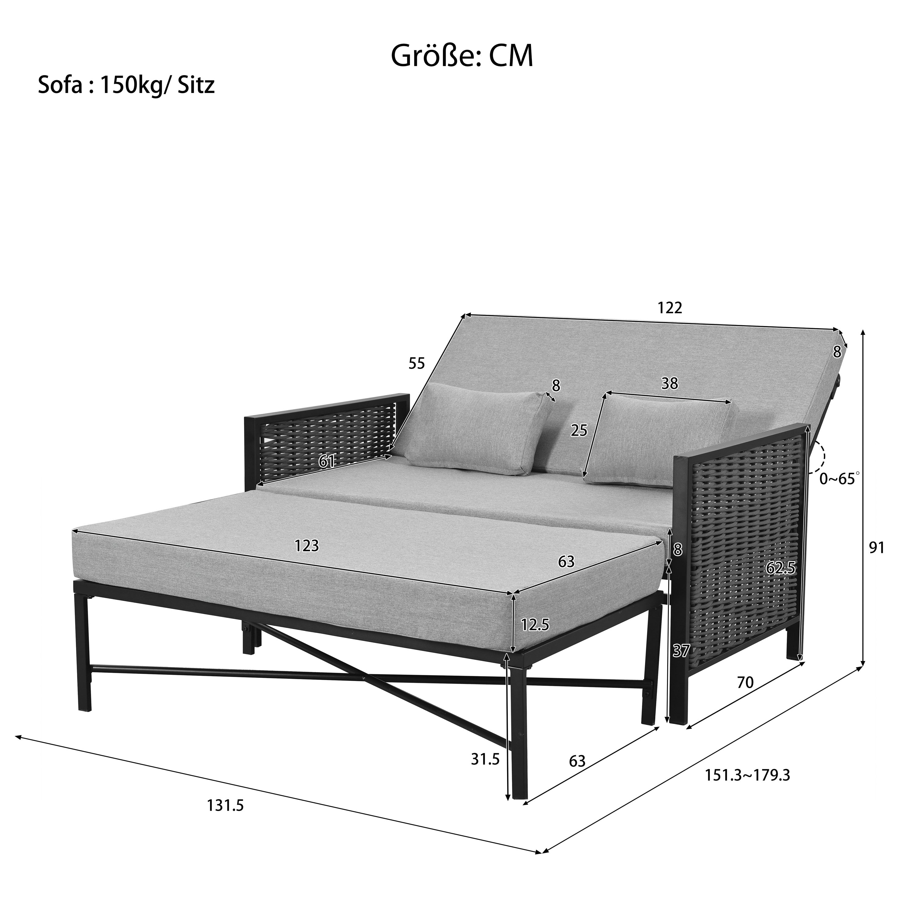 Outdoor Lounger Garden Sofa for 2 People with Adjustable Backrest and Retractable Footrest, Grey - Image 4