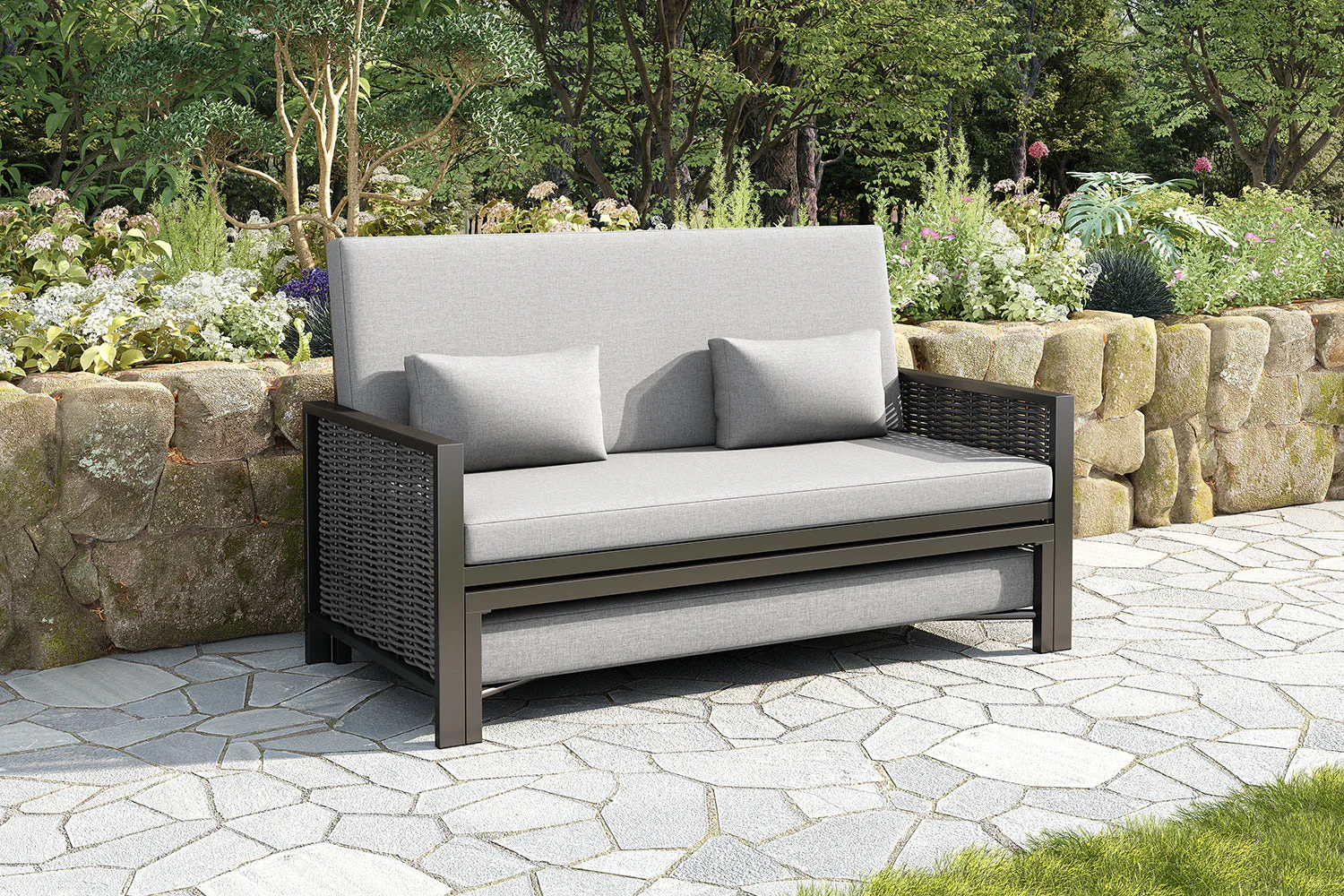 Outdoor Lounger Garden Sofa for 2 People with Adjustable Backrest and Retractable Footrest, Grey - Image 9