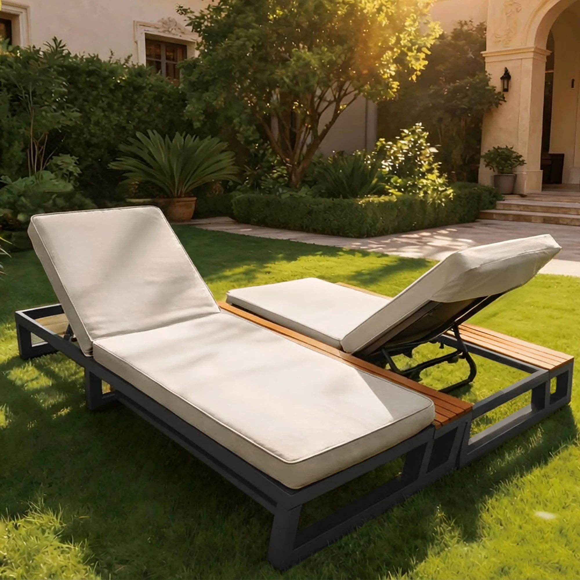 Outdoor Patio Daybed with Adjustable Backrest and Shelves, Waterproof Double Lounge Bed, Beige - Image 6