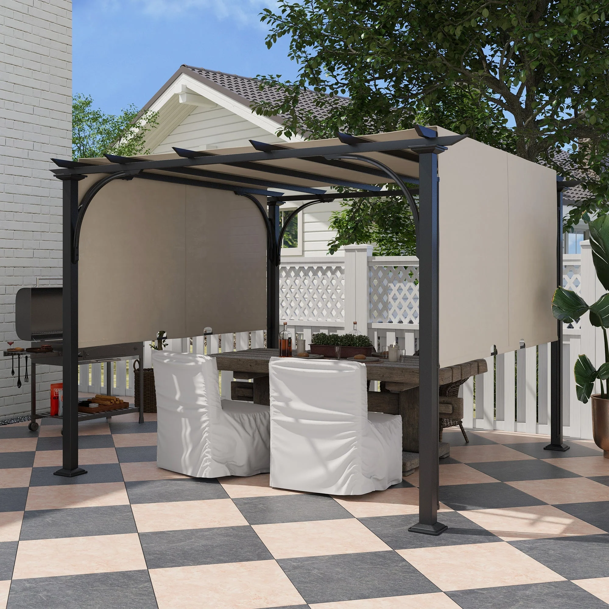 Outdoor Pergola, 3 x 3m Garden Gazebo with Adjustable Canopy, Beige