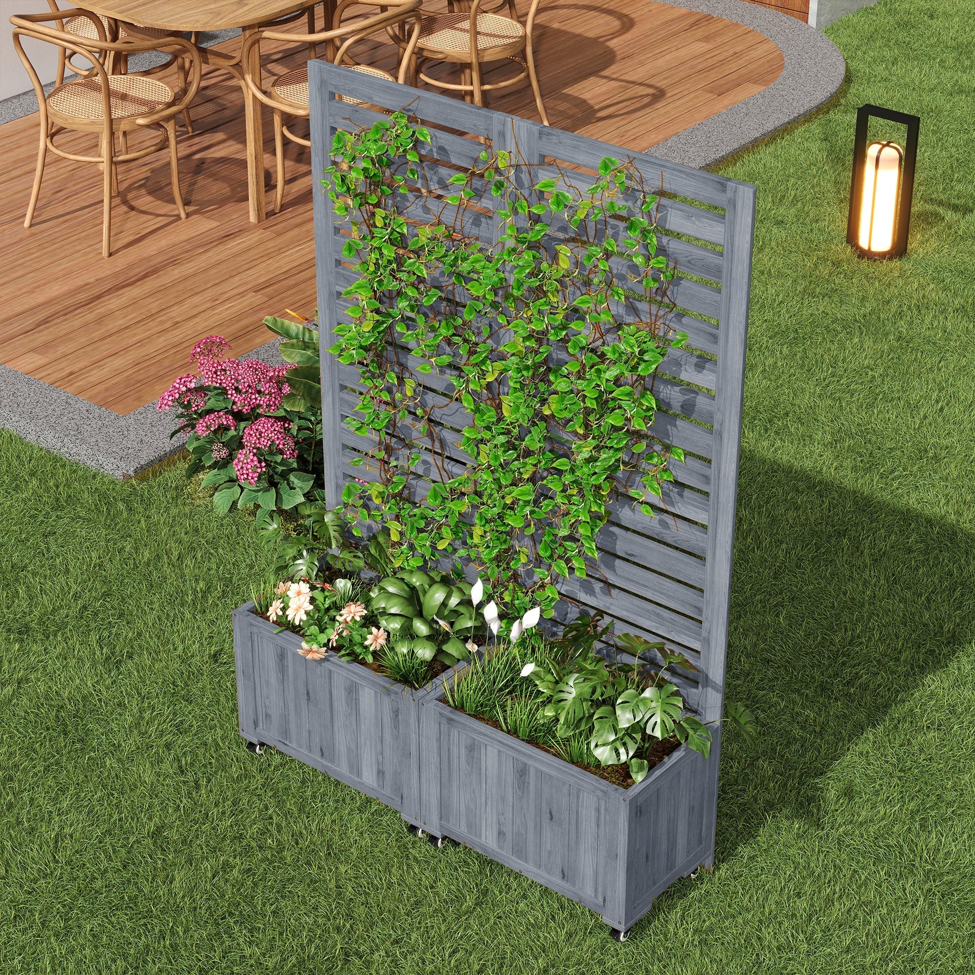 Outdoor Planter with Trellis and Universal Wheels, Grey Wood - Image 9
