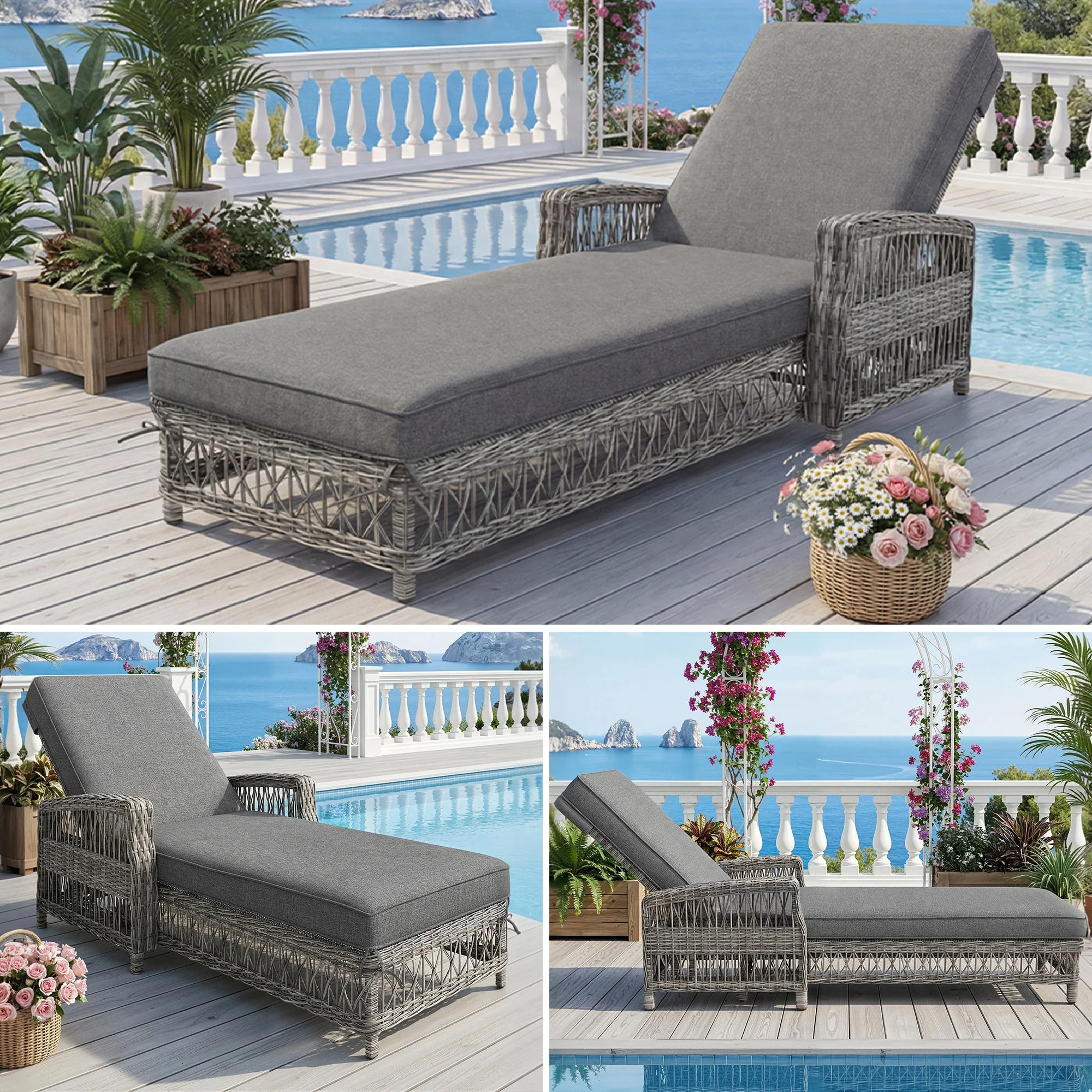 Outdoor Rattan Lounger with Adjustable Backrest and Removable Cushion, Grey Rattan