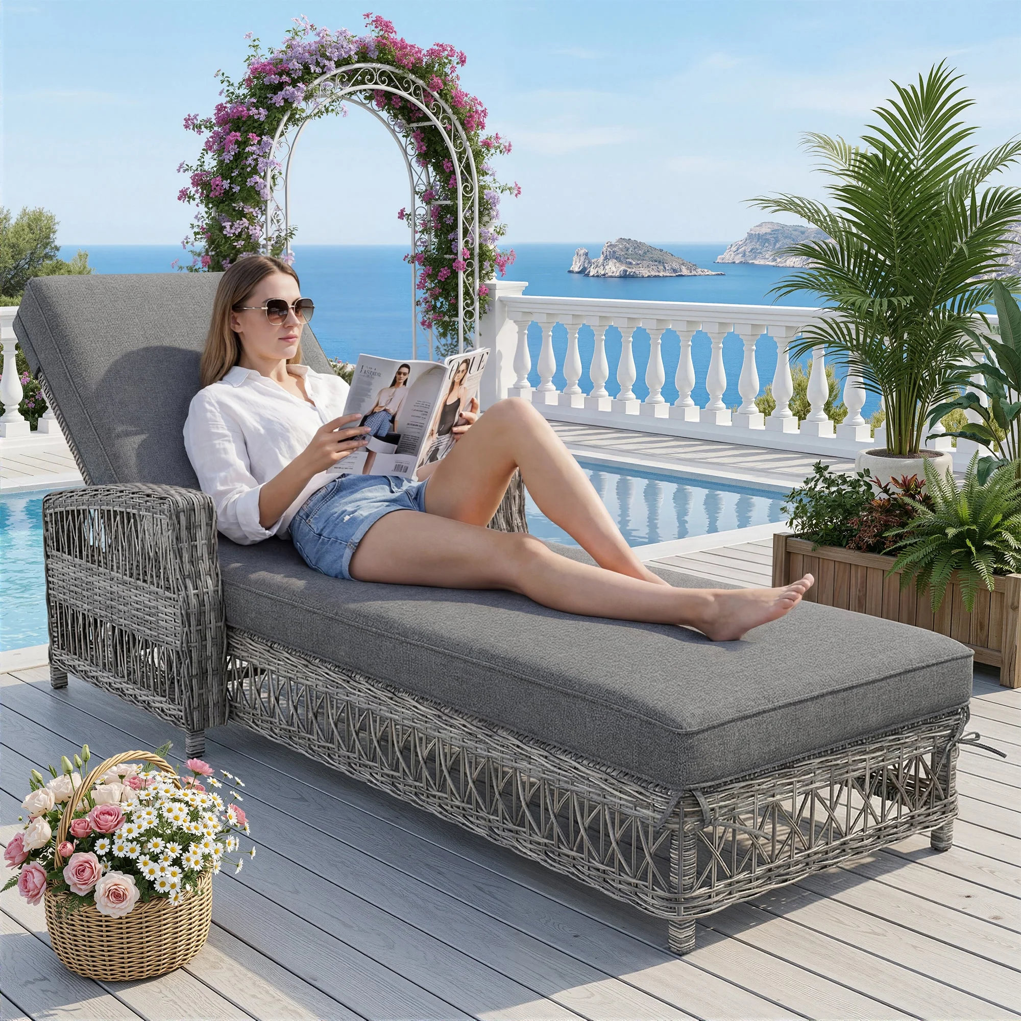 Outdoor Rattan Lounger with Adjustable Backrest and Removable Cushion, Grey Rattan - Image 3