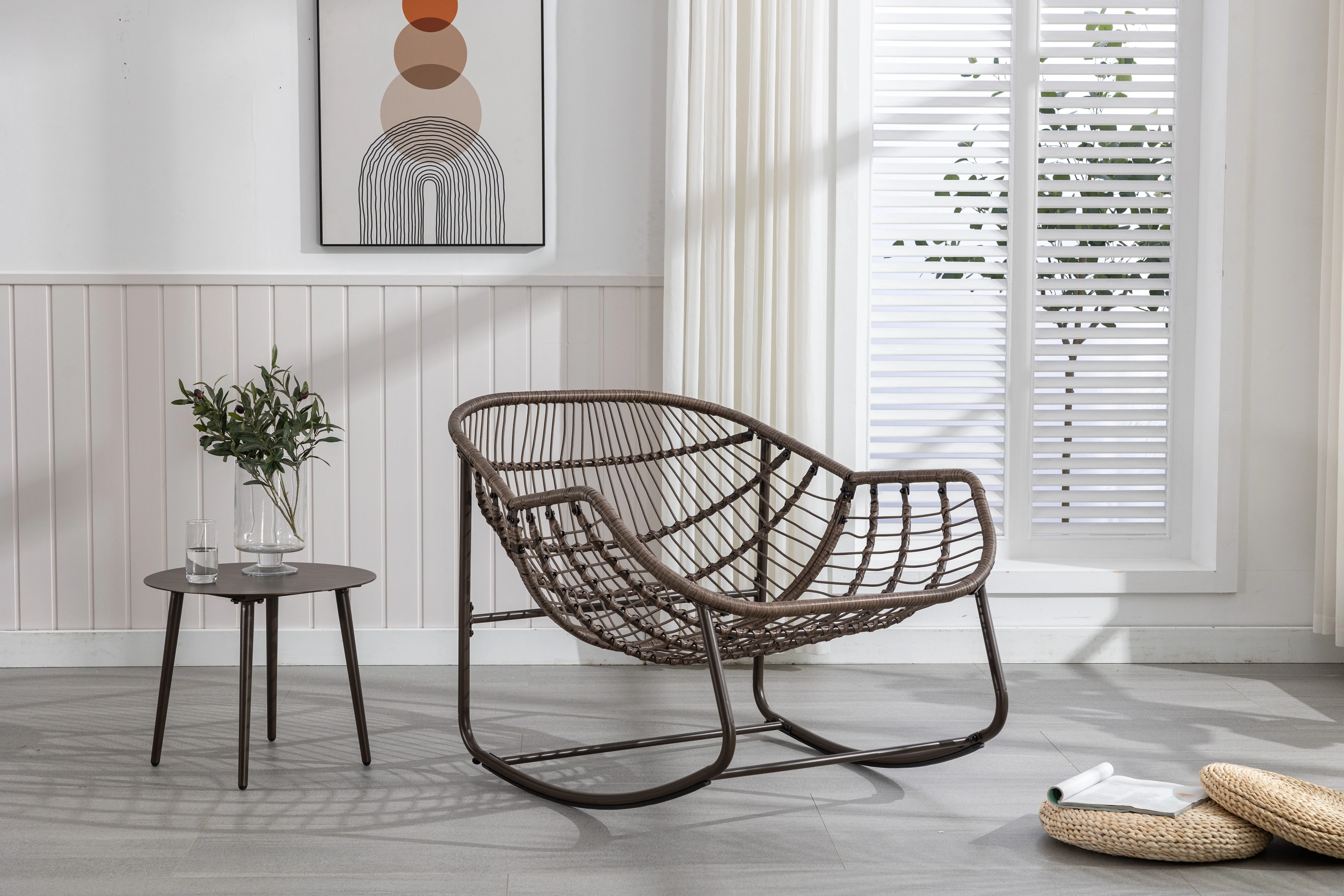 Outdoor Rattan Rocking Chair, Padded Seat Swing with Backrest, Rattan - Image 5