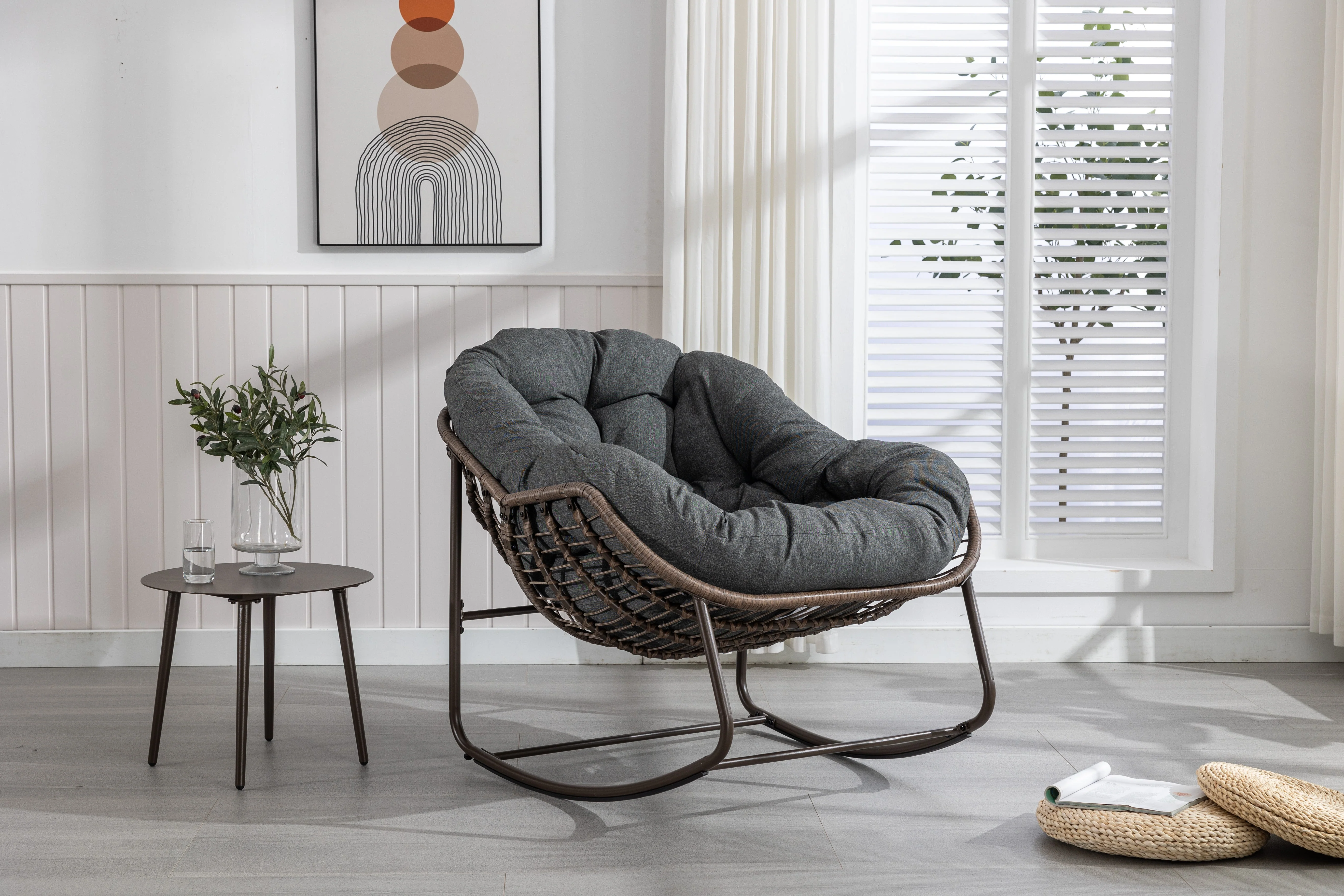 Outdoor Rocking Chair - Oversized Wicker Egg with Thick Cushion, Dark Gray