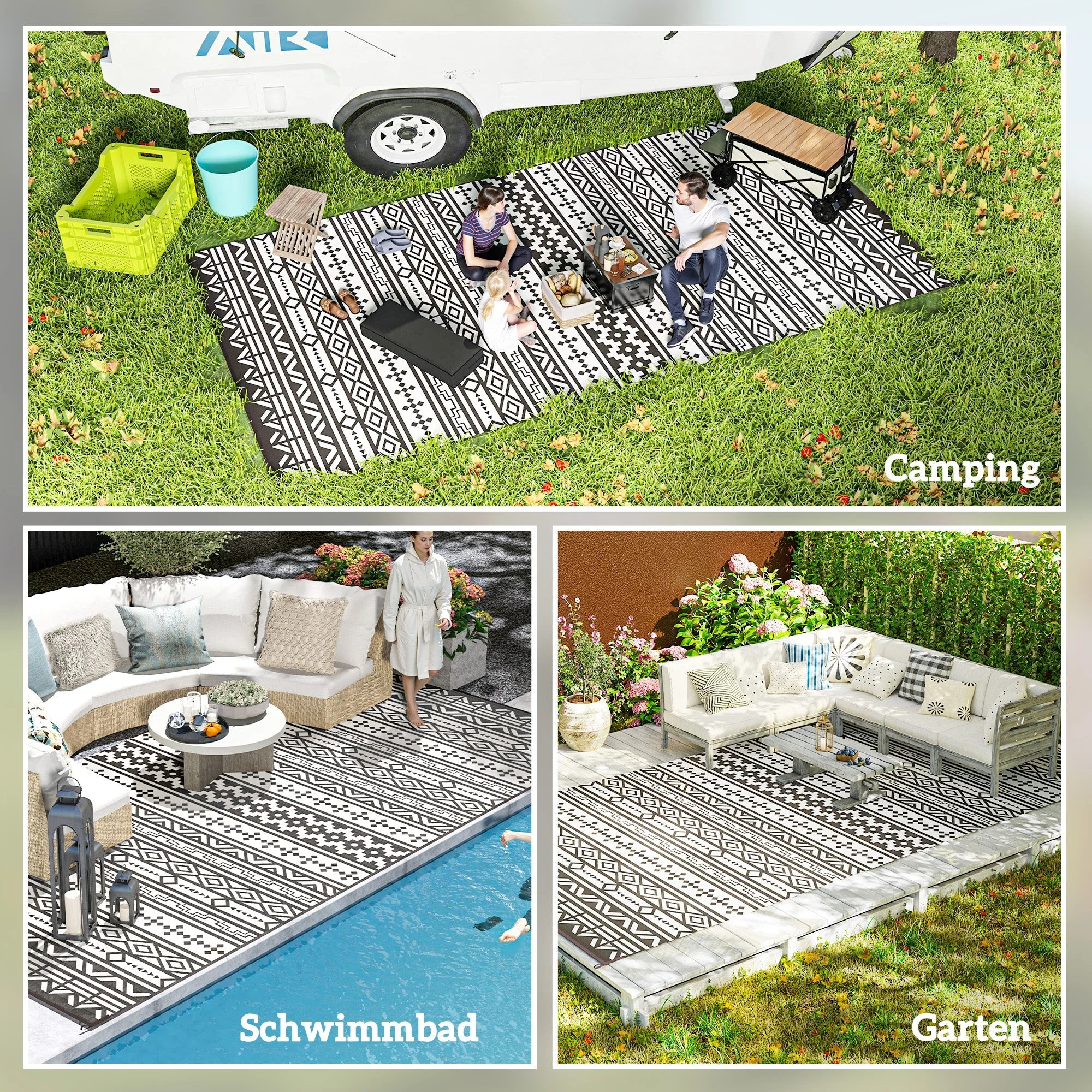 Outdoor Rug, Robust Weatherproof Foldable Boho, Black and White - Image 5