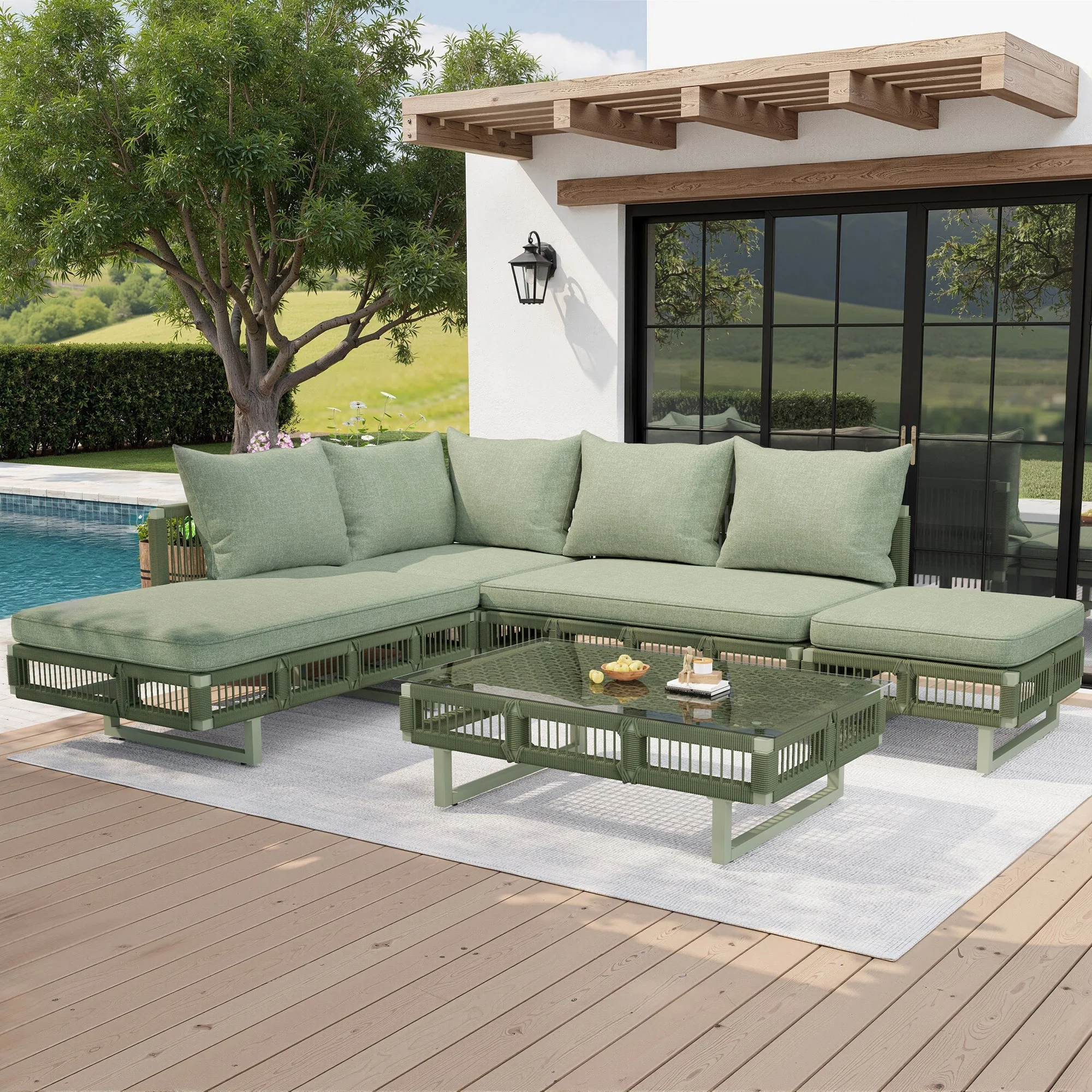 Outdoor Seating Group with Rope Weave, Adjustable Feet and Glass Coffee Table, Beige/Green - Image 9