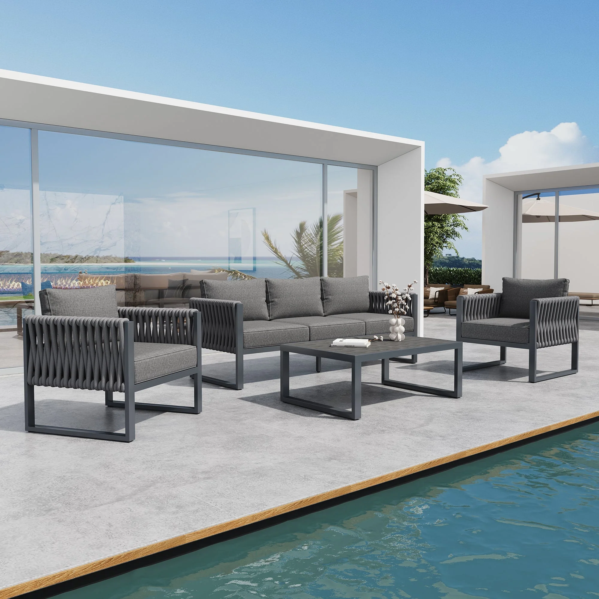 Outdoor Sofa Set 5-Seater Adjustable Feet Rustproof Metal Frame - Grey - Image 3