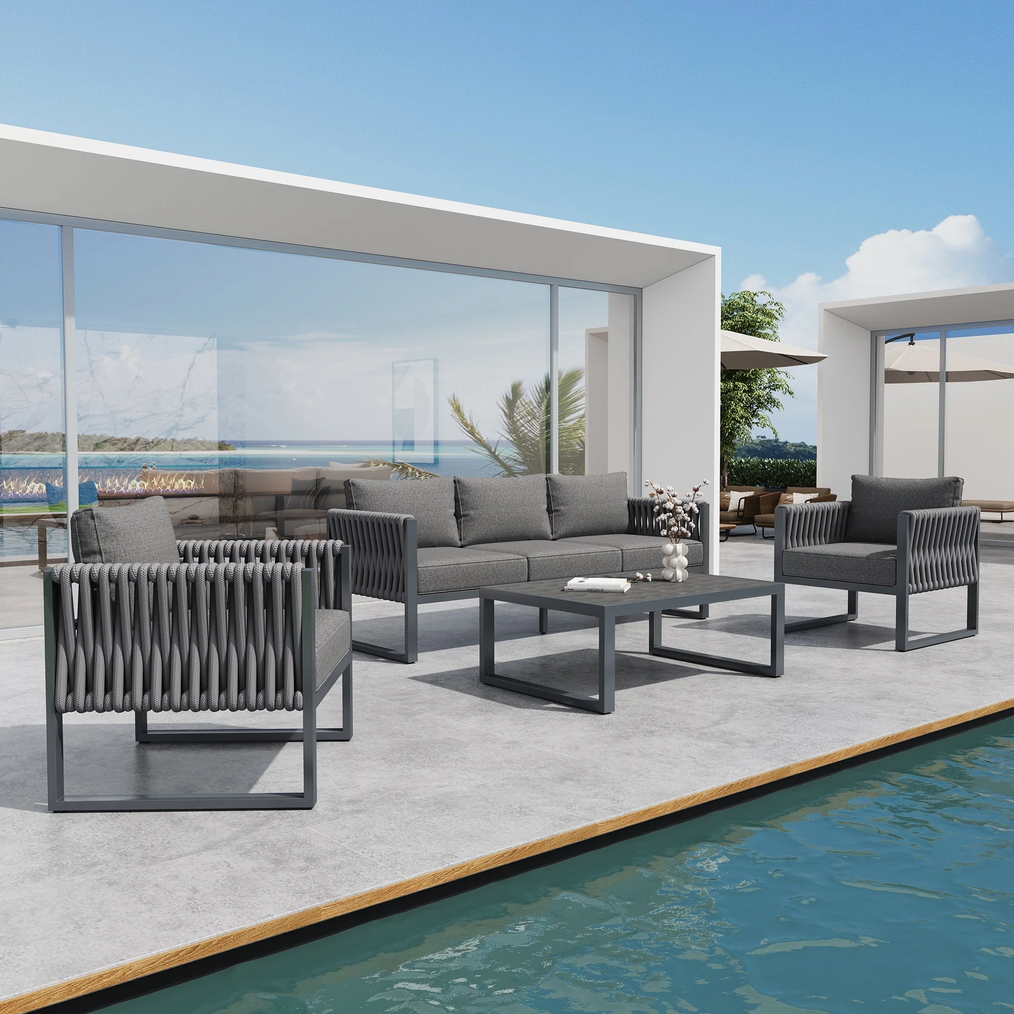 Outdoor Sofa Set 5-Seater Adjustable Feet Rustproof Metal Frame - Grey - Image 4