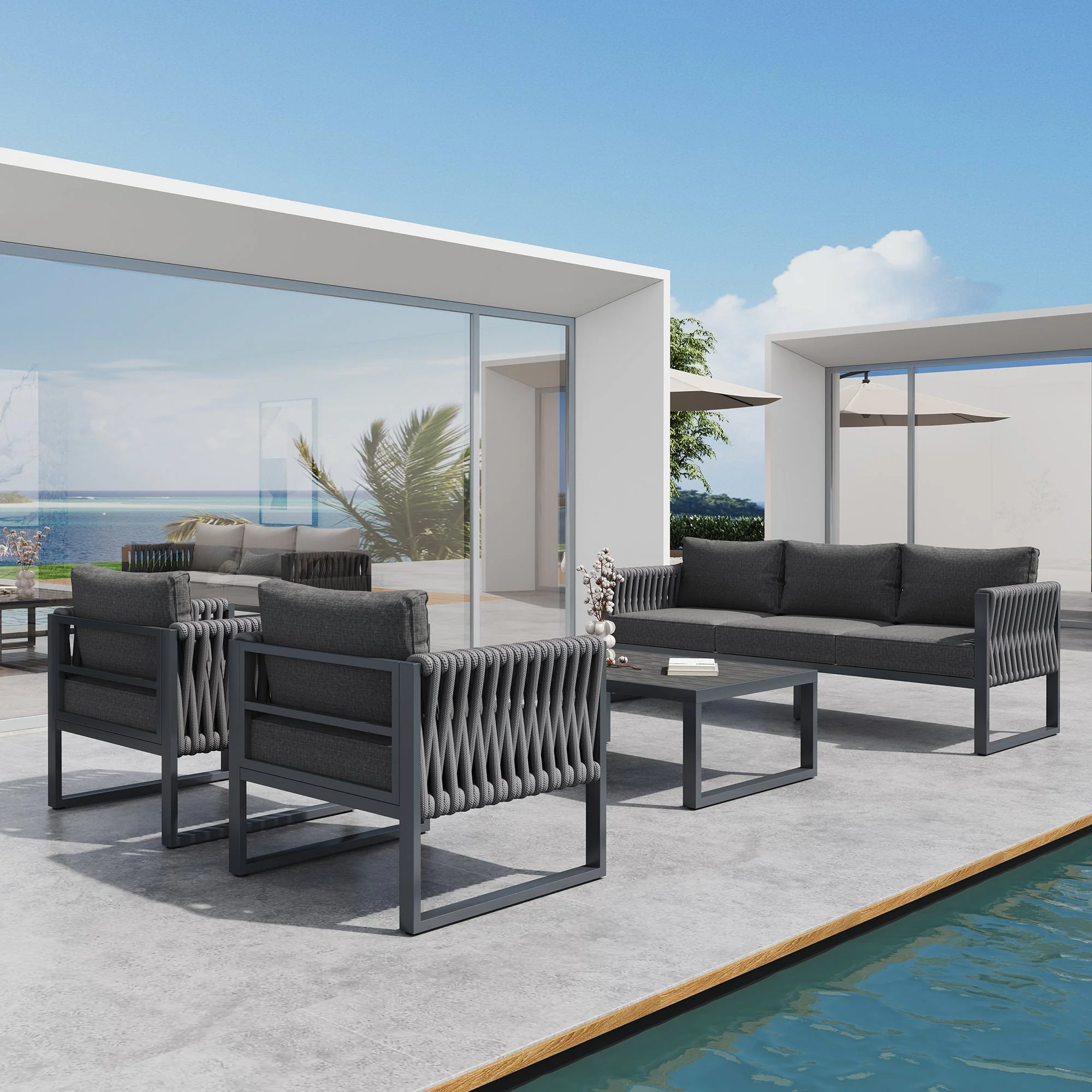 Outdoor Sofa Set 5-Seater Adjustable Feet Rustproof Metal Frame - Grey - Image 5