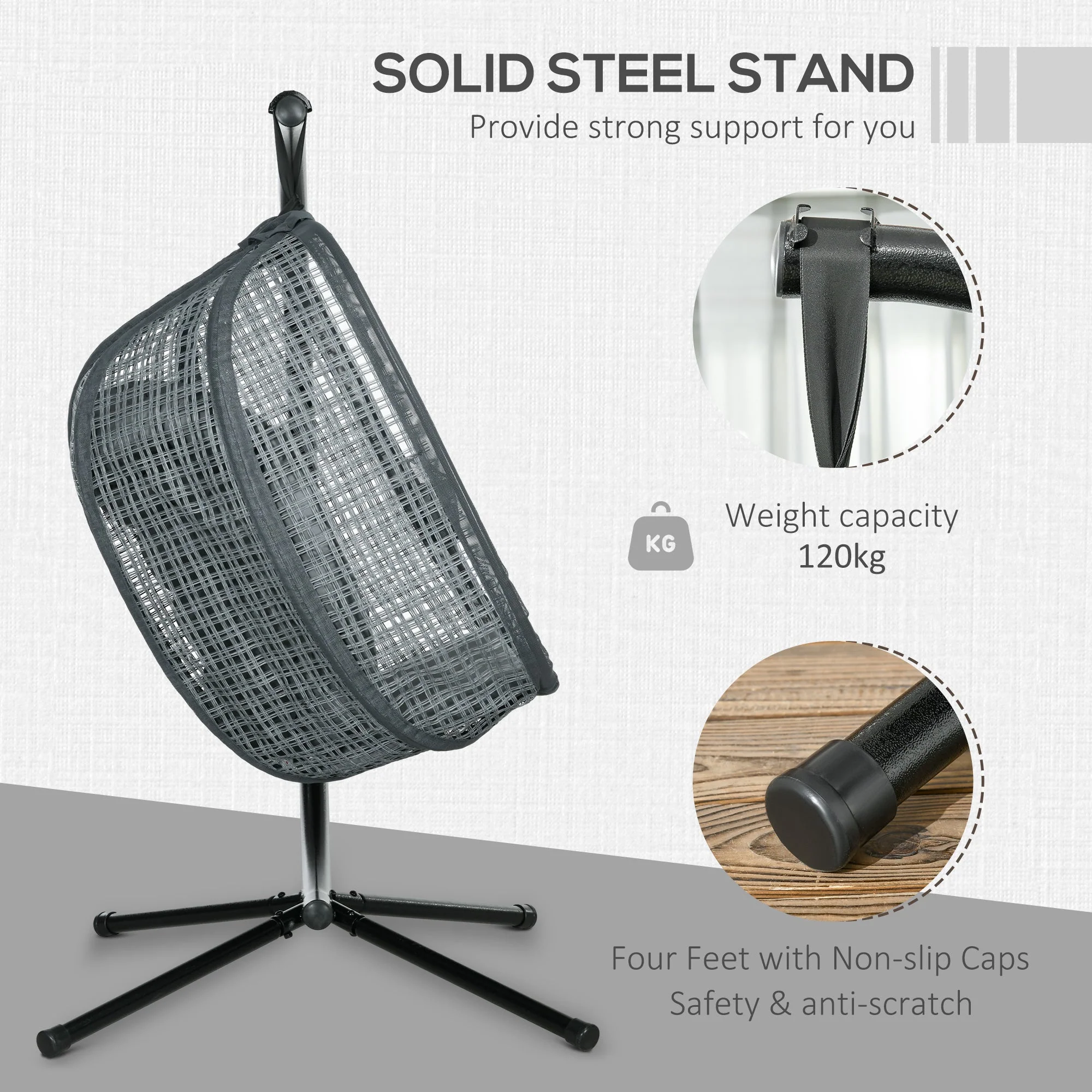 Outdoor Swing Chair, Hanging Egg Chair with Foldable Basket & Cup Holder, Dark Grey Steel - Image 4