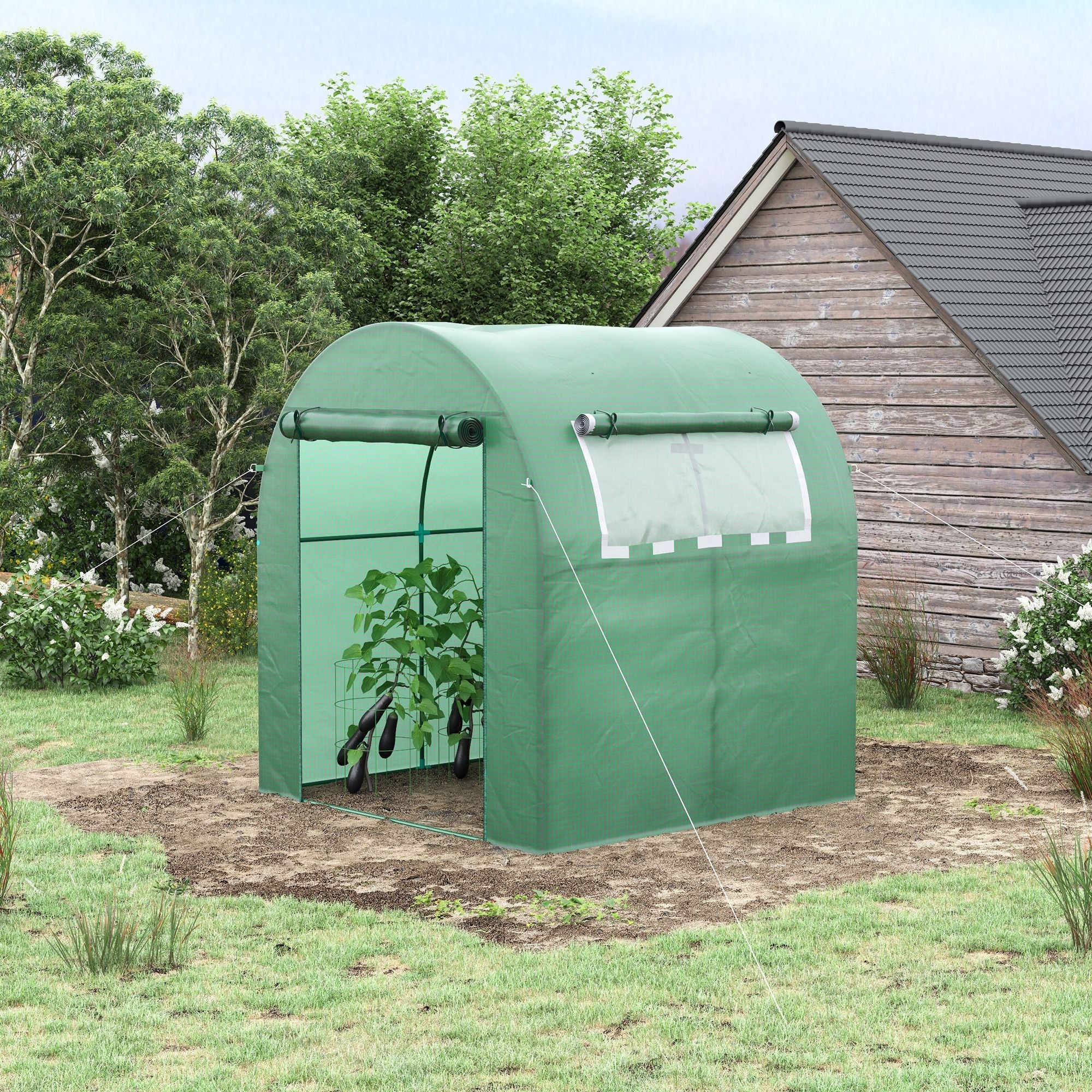 Outsunny Greenhouse, 180 x 180 x 200 cm Walk-in Plant House with Roll-Up Door and Side Window, Green PE Mesh Film