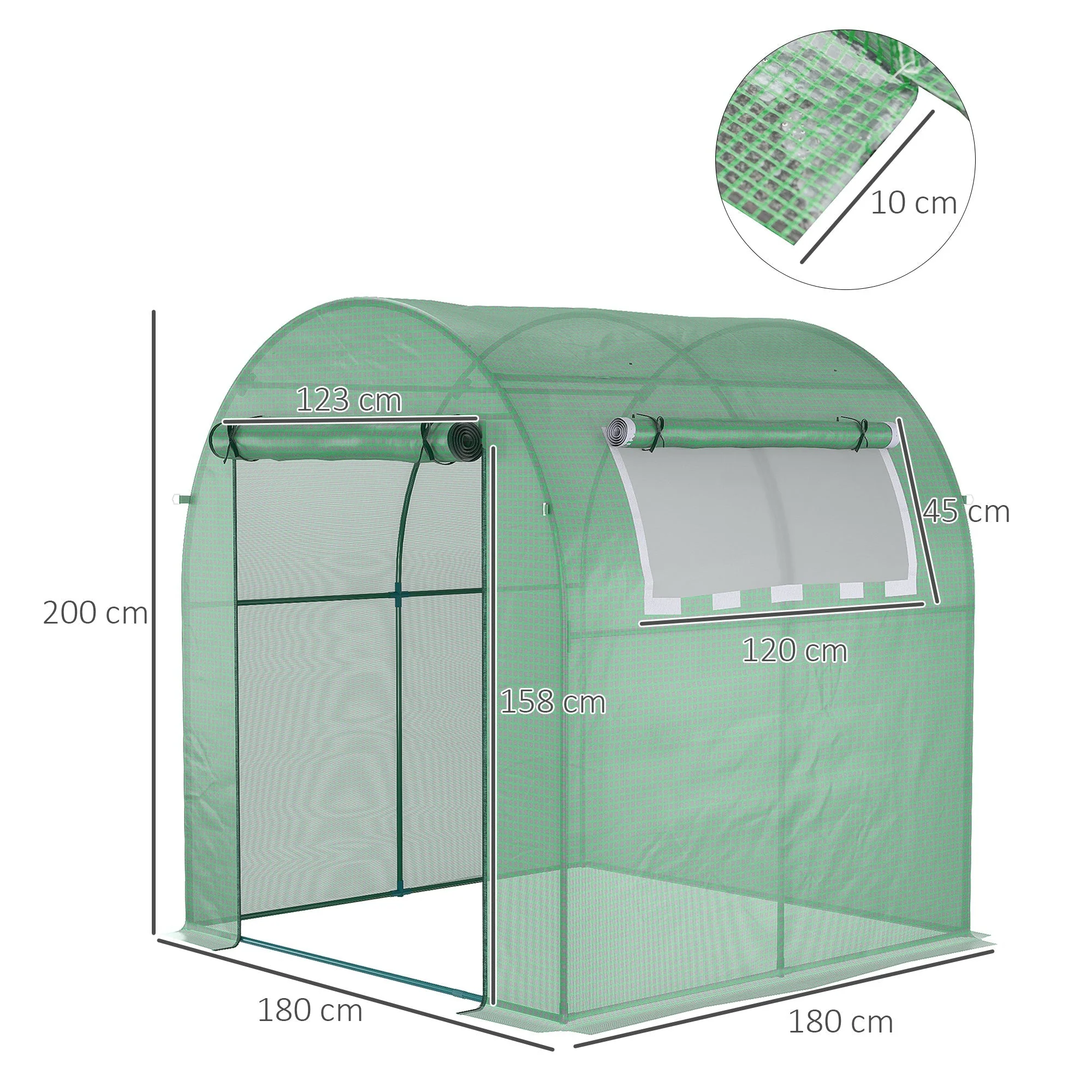 Outsunny Greenhouse, 180 x 180 x 200 cm Walk-in Plant House with Roll-Up Door and Side Window, Green PE Mesh Film - Image 3