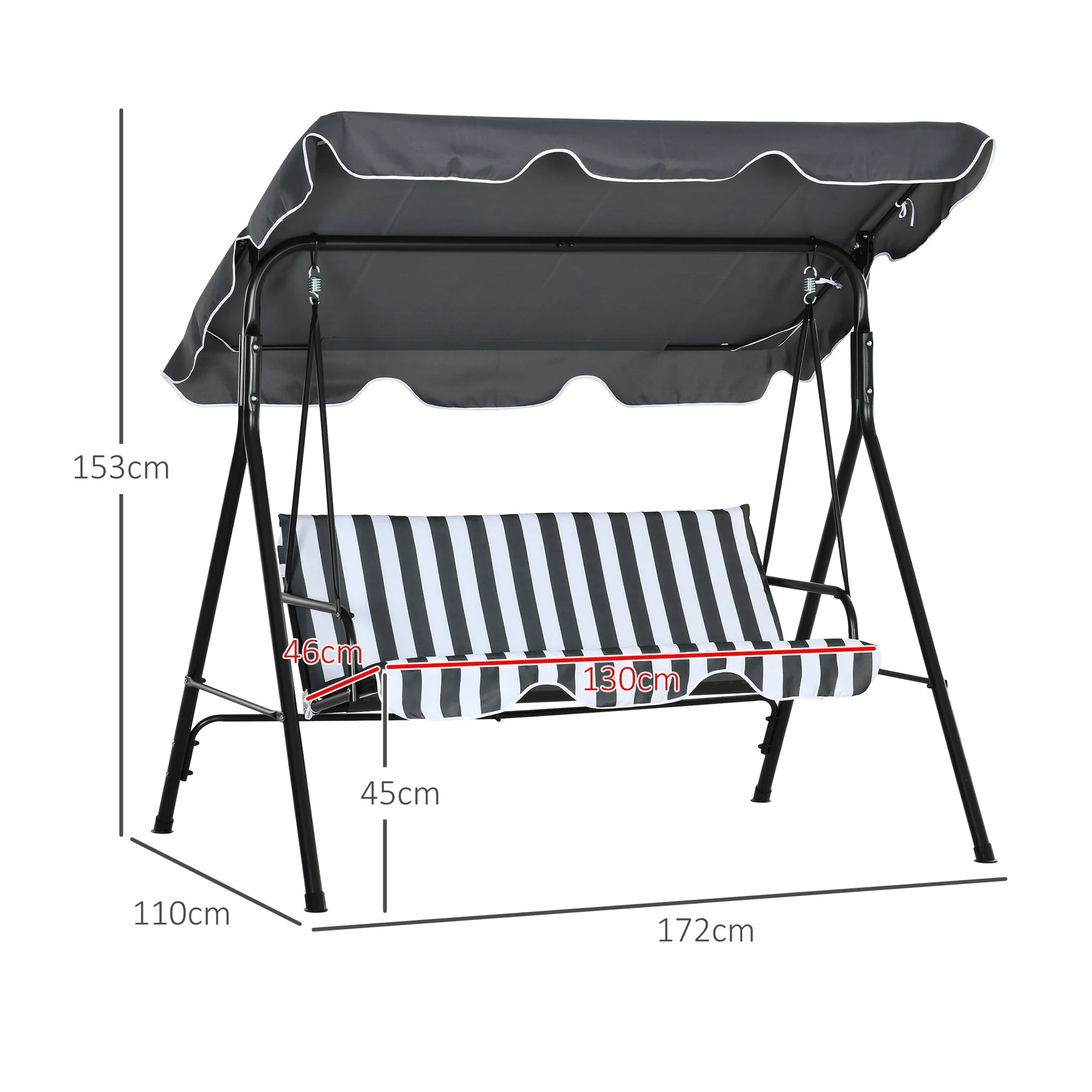 Outsuuny 3-Seater Garden Swing with Adjustable Sunshade, 240 kg Load Capacity, Grey/White - Image 3
