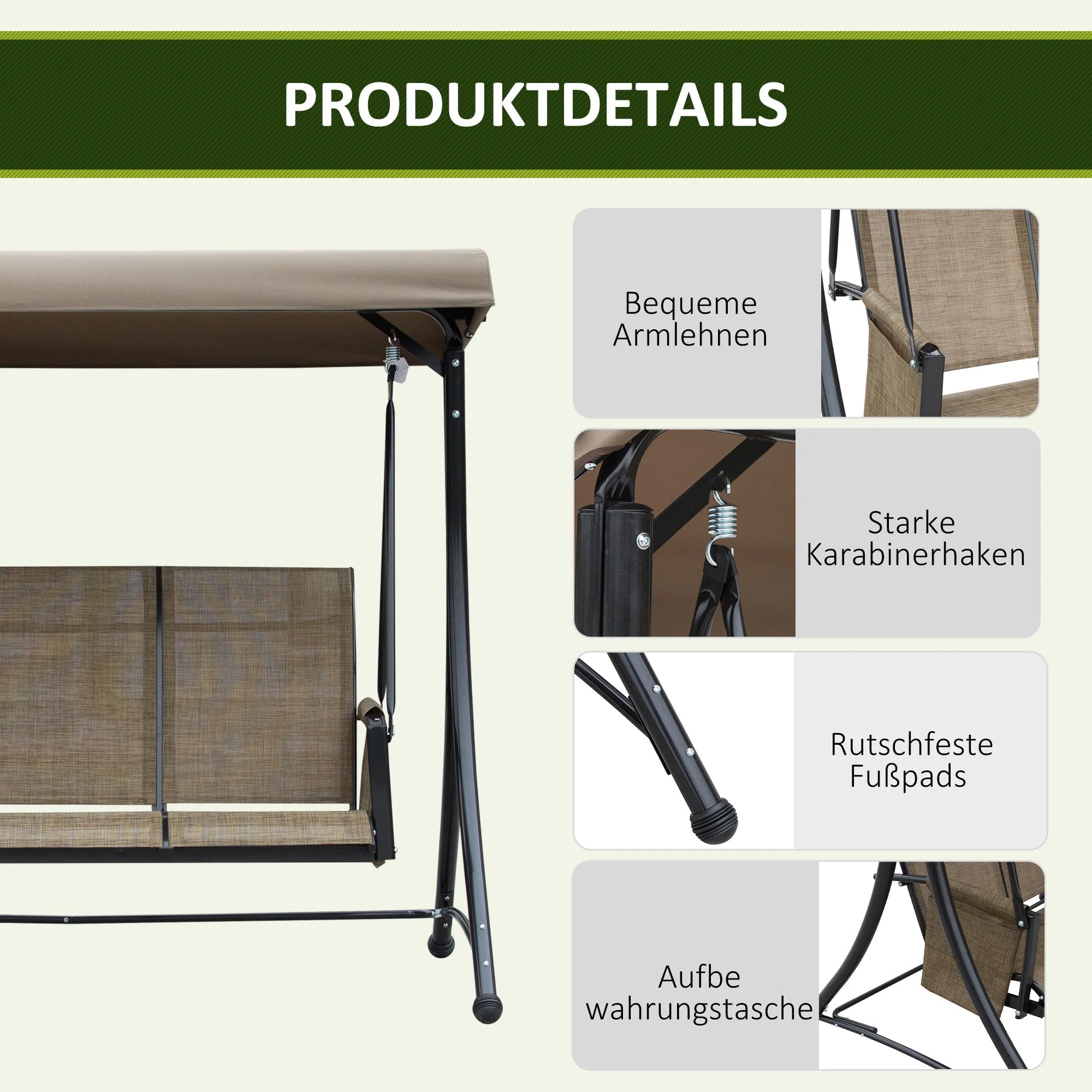 Hollywood Swing 3-Seater Adjustable Sunshade 300kg Capacity, Brown - Image 6