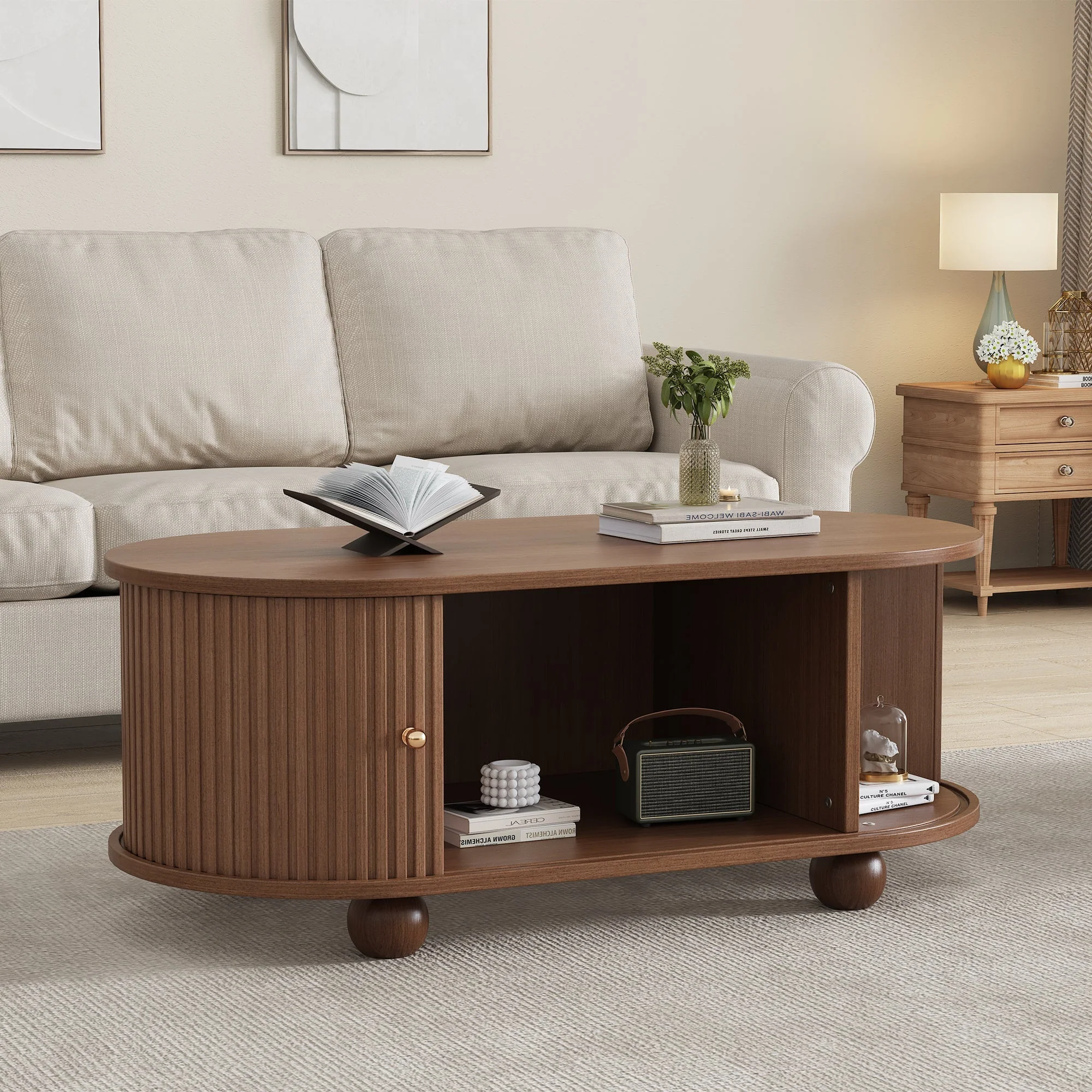 Oval Coffee Table with Sliding Doors and Storage, Oak MDF - Image 5