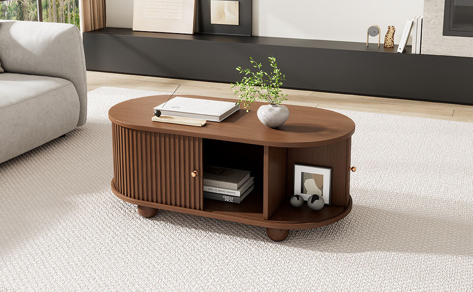 Oval Coffee Table with Sliding Doors and Storage, Oak MDF - Image 6