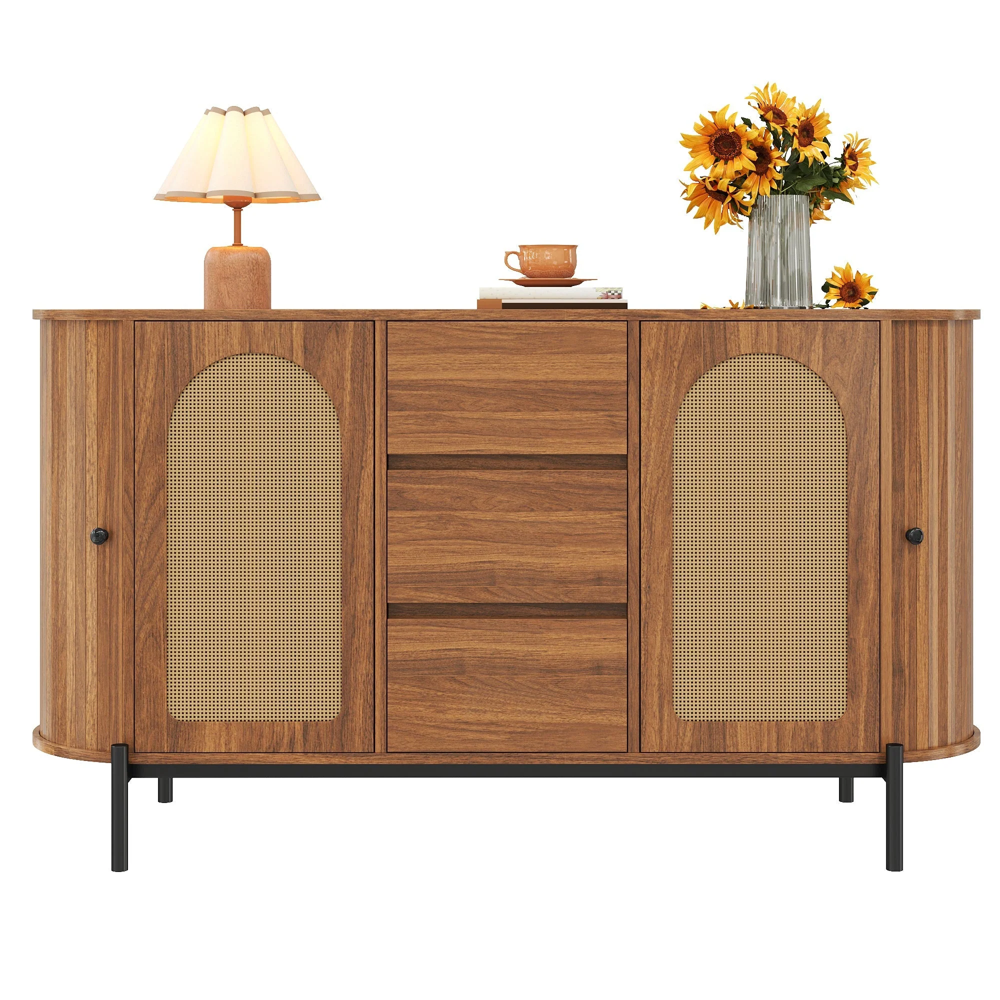 Oval Sideboard with Rattan Sliding Doors and Drawers, Wood Look and Metal - Image 2