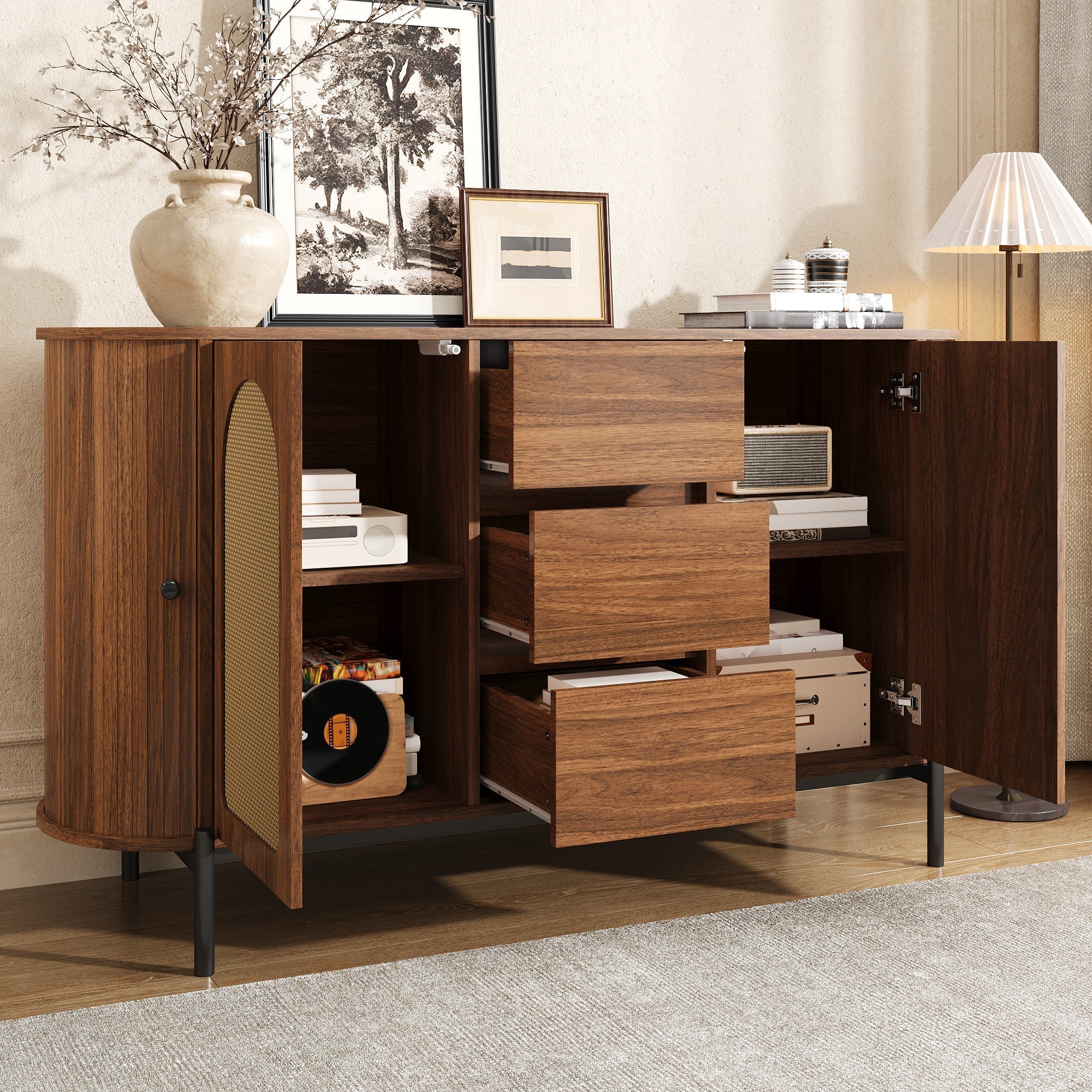 Oval Sideboard with Rattan Sliding Doors and Drawers, Wood Look and Metal - Image 3