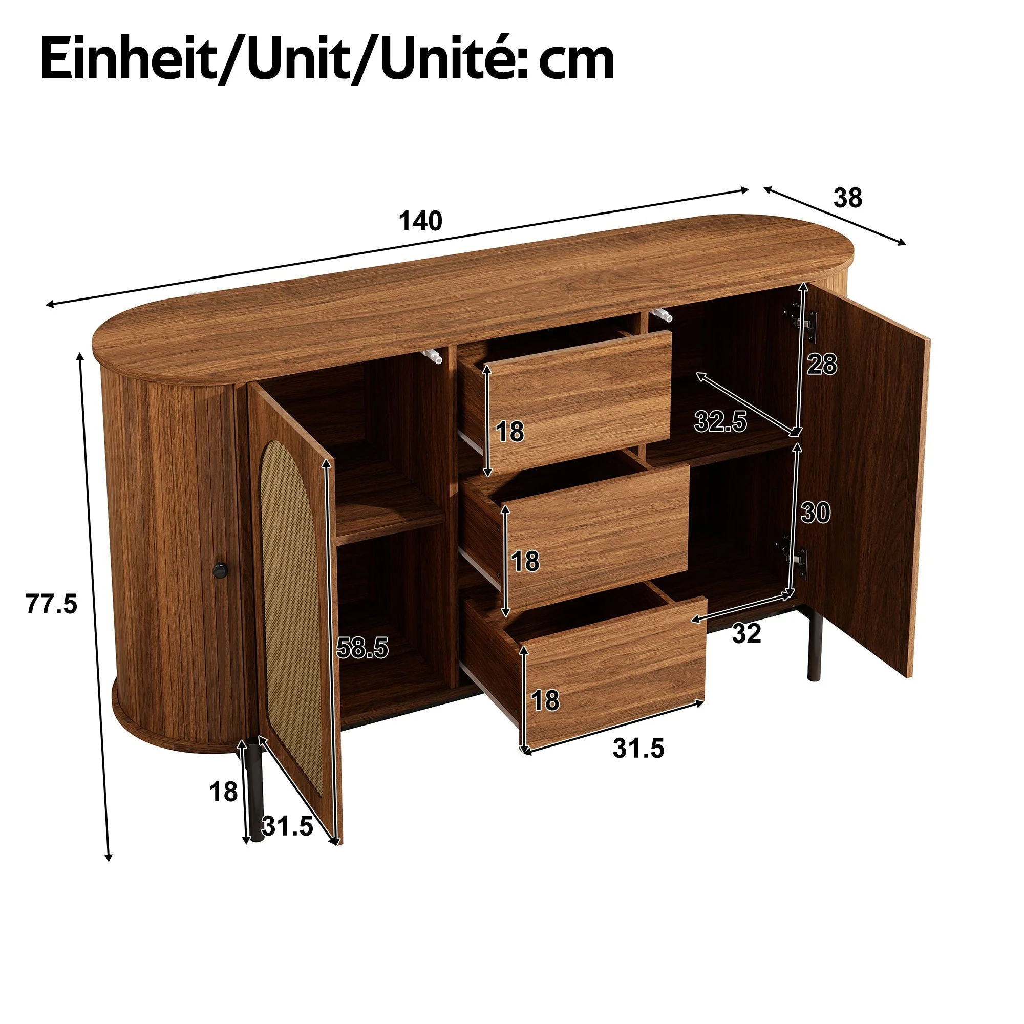 Oval Sideboard with Rattan Sliding Doors and Drawers, Wood Look and Metal - Image 4