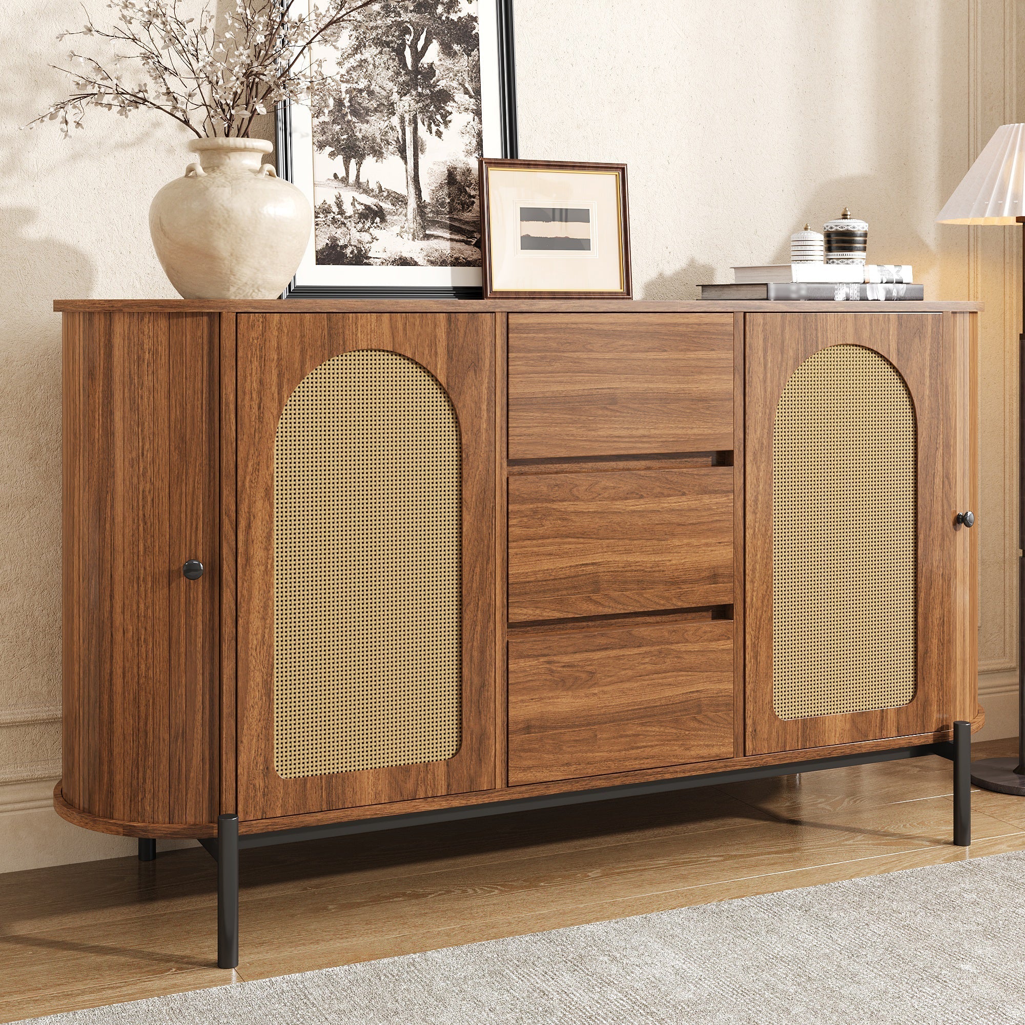 Oval Sideboard with Rattan Sliding Doors and Drawers, Wood Look and Metal - Image 5