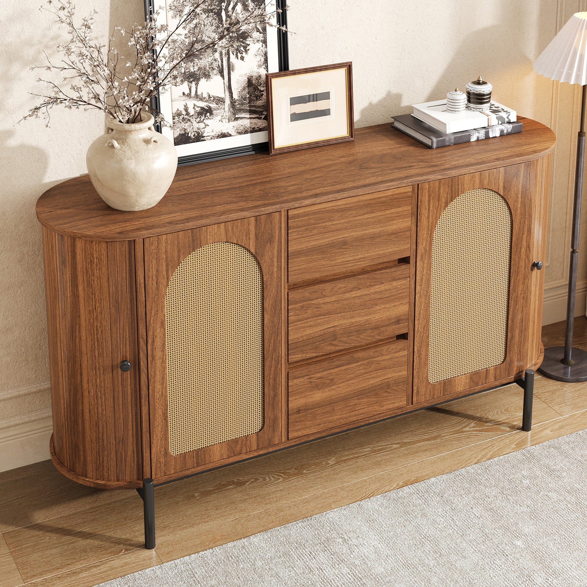 Oval Sideboard with Rattan Sliding Doors and Drawers, Wood Look and Metal - Image 6