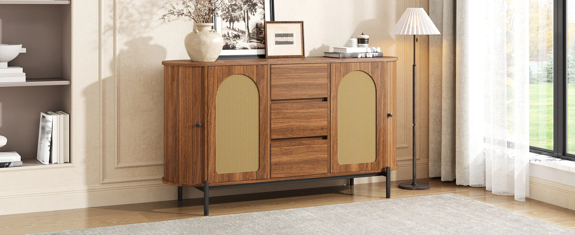 Oval Sideboard with Rattan Sliding Doors and Drawers, Wood Look and Metal - Image 7