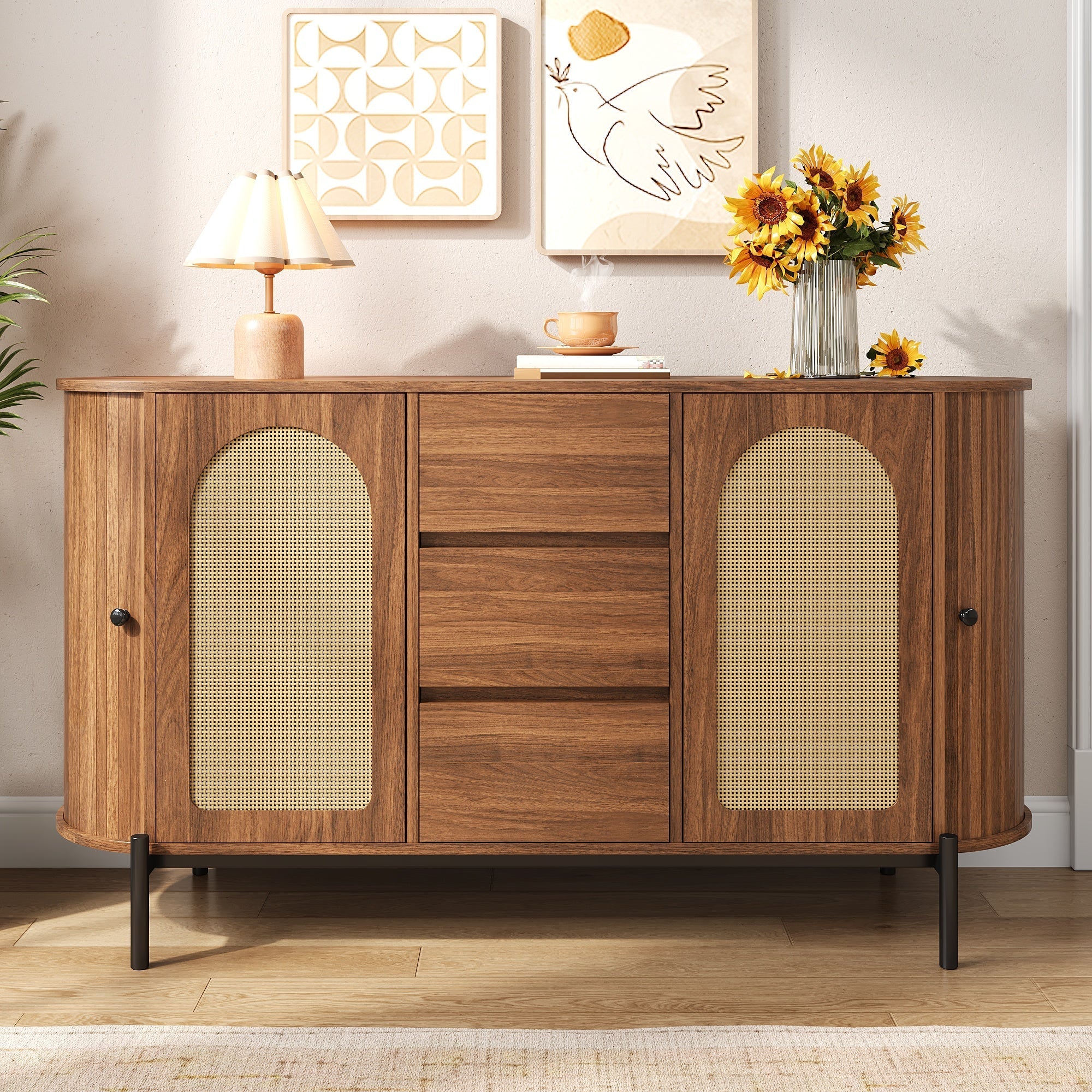 Oval Sideboard with Rattan Sliding Doors and Drawers, Wood Look and Metal - Image 8