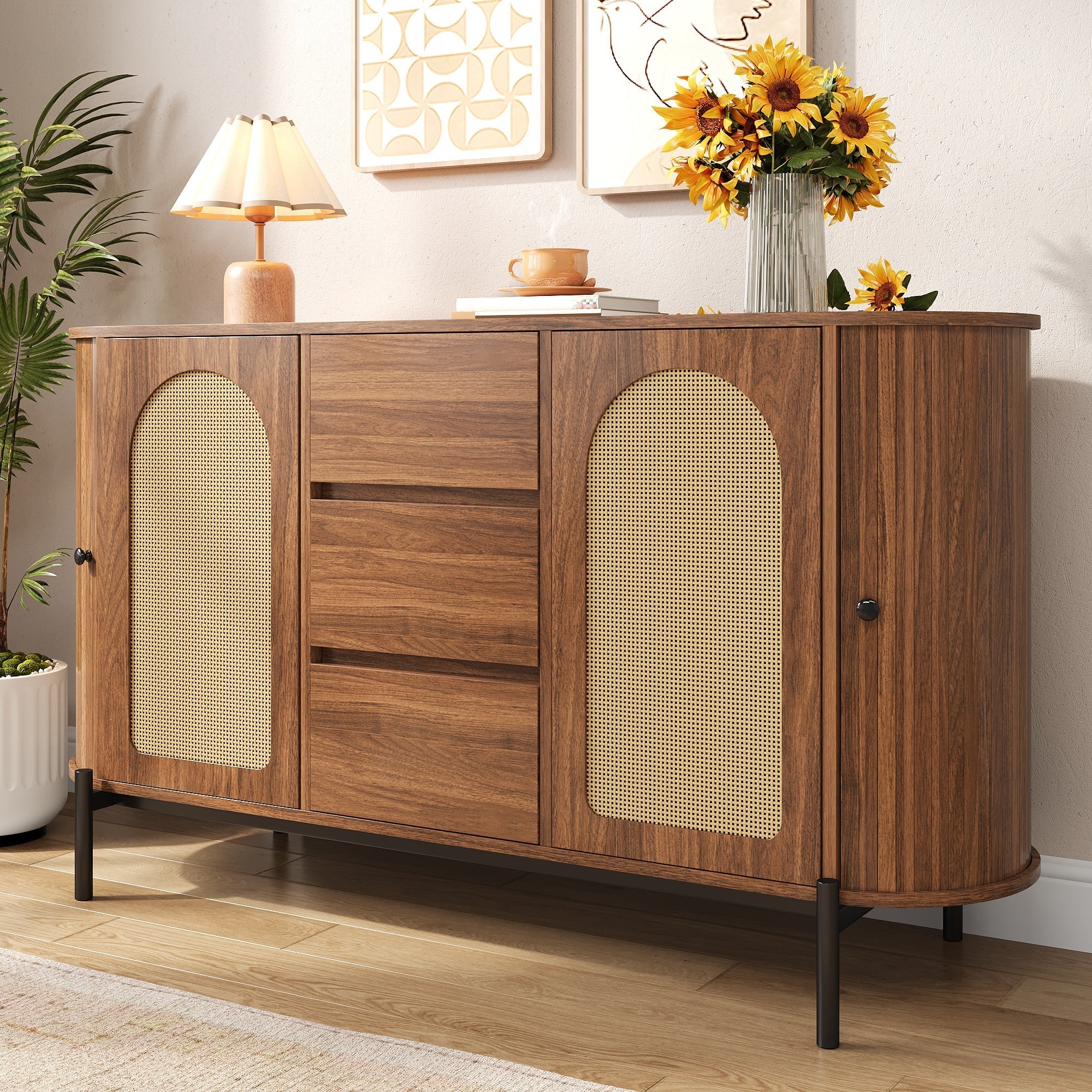 Oval Sideboard with Rattan Sliding Doors and Drawers, Wood Look and Metal - Image 9
