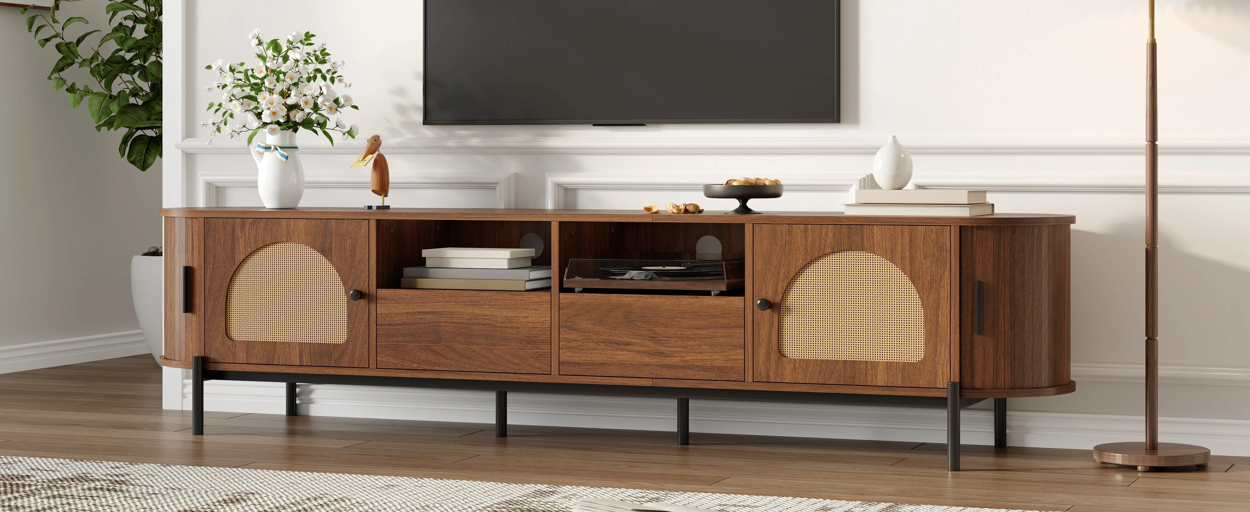 Oval TV Cabinet with Rattan Sliding Doors and Drawers, Wood Look and Metal Legs - Image 7