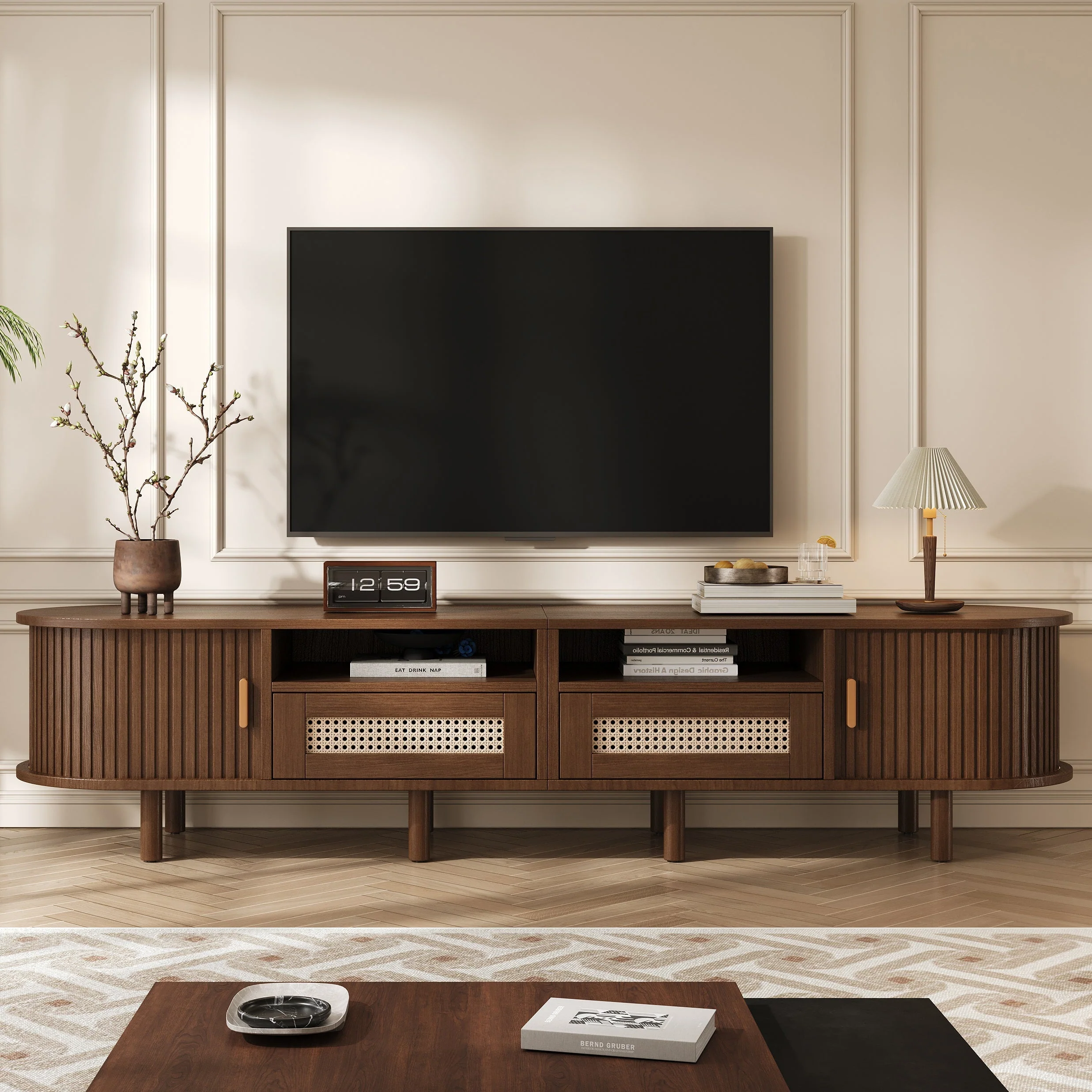 Oval TV Stand 170cm with Rattan Drawers Sliding Doors 70-inch Walnut - Image 4
