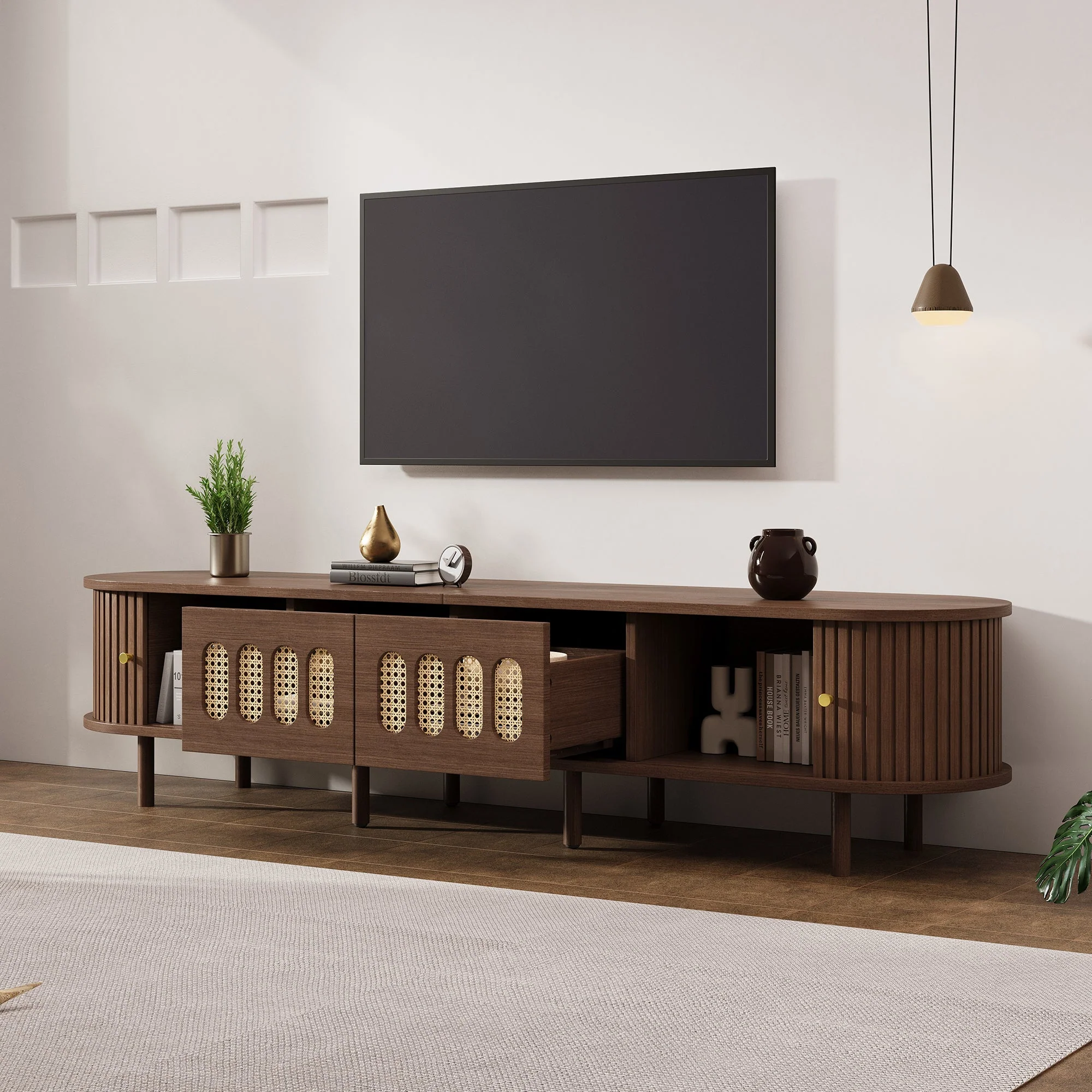 Oval TV Stand Rattan Design 180cm 2 Drawers - Dark Walnut - Image 3