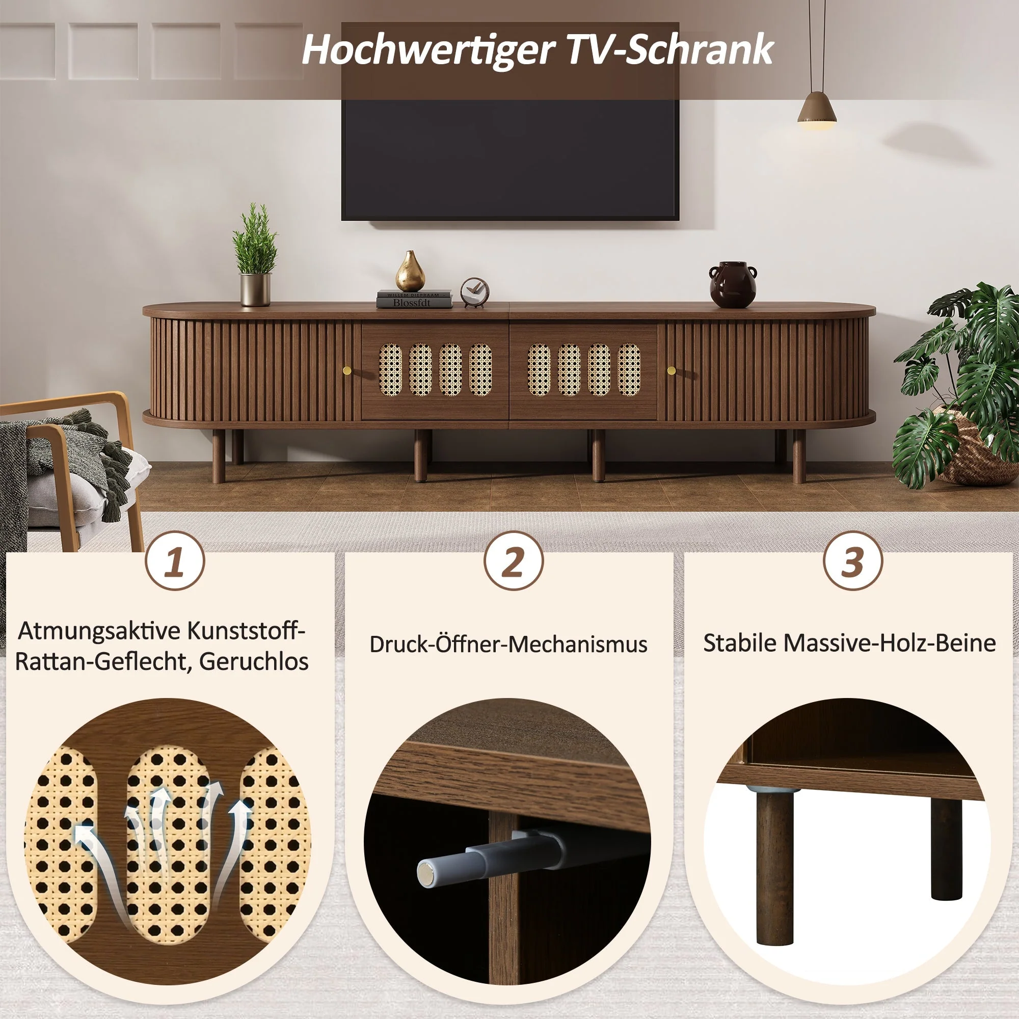 Oval TV Stand Rattan Design 180cm 2 Drawers - Dark Walnut - Image 4