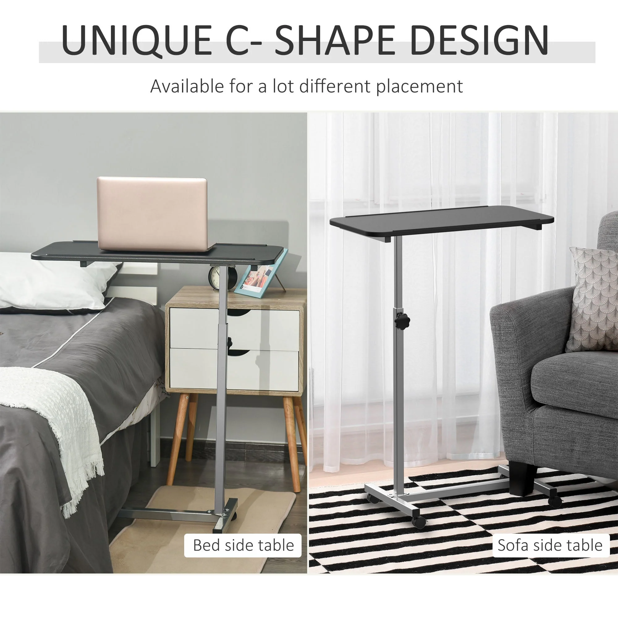 Over Bed Table Height Adjustable C Shaped Laptop Desk Portable with Wheels, Black - Image 4