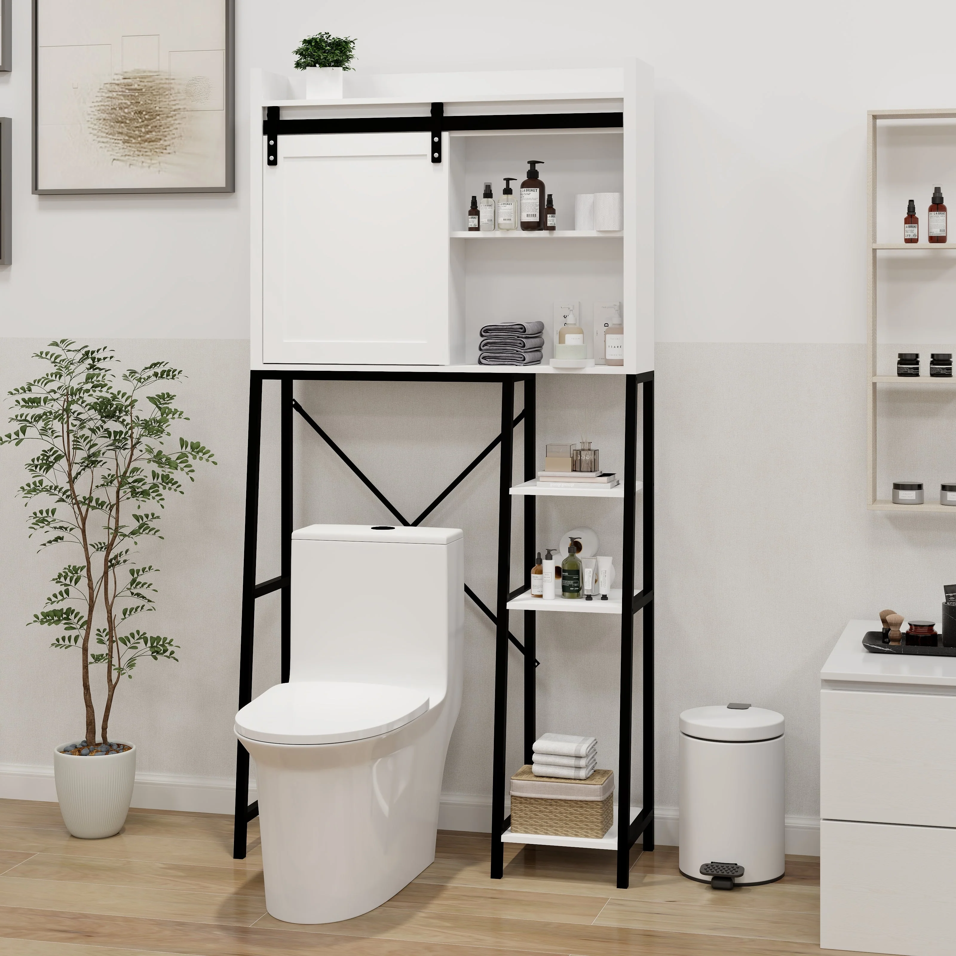 Over The Toilet Storage Cabinet with Sliding Barn Door & Adjustable Shelves - White - Image 8