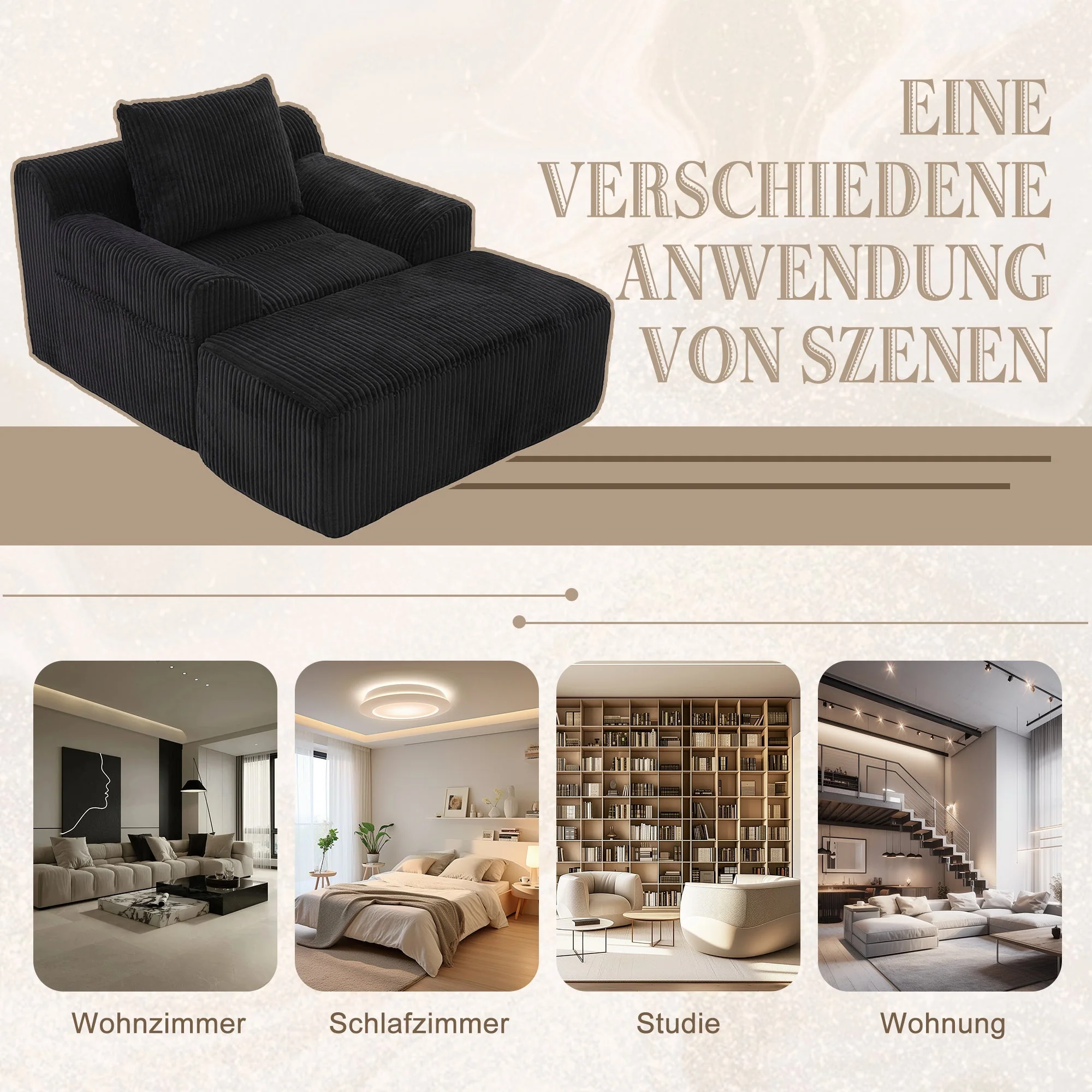 Oversized Sofa Chair, Deep Seat Boneless Upholstered with Side Pockets, Corduroy - Image 5