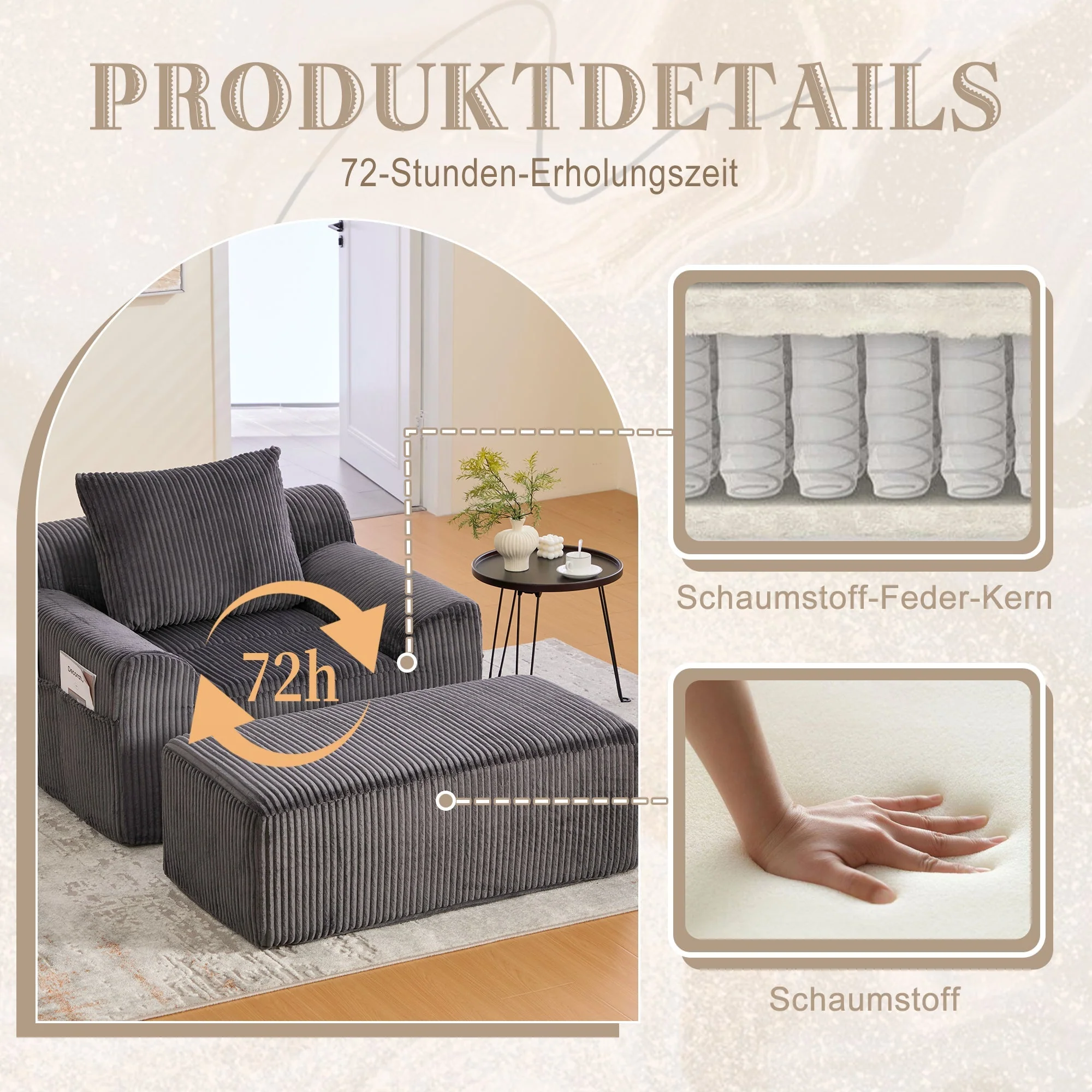 Oversized Sofa Chair Deep Seat Corduroy Upholstered Armchair - Image 4