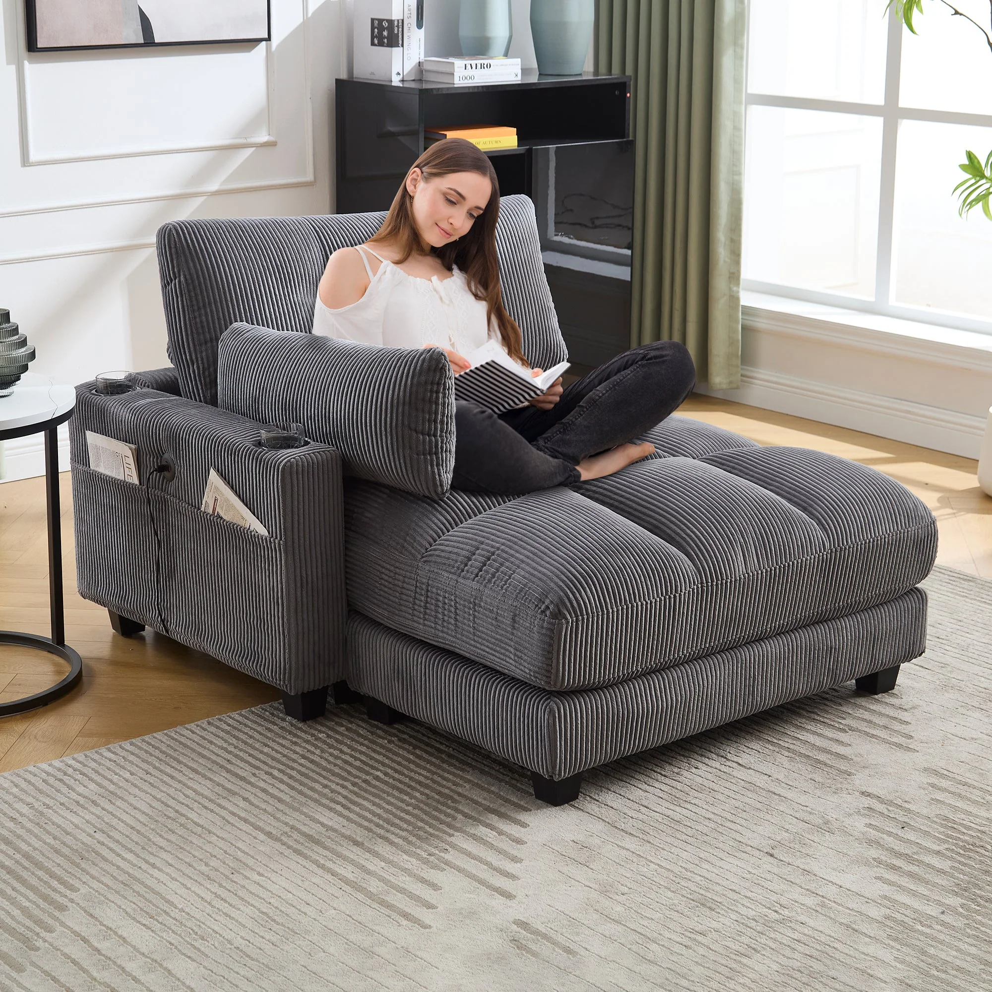 Palm Chair, Fluffy Upholstery, Rolling Cushions, Cup Holders, Side Pocket, Gray - Image 4