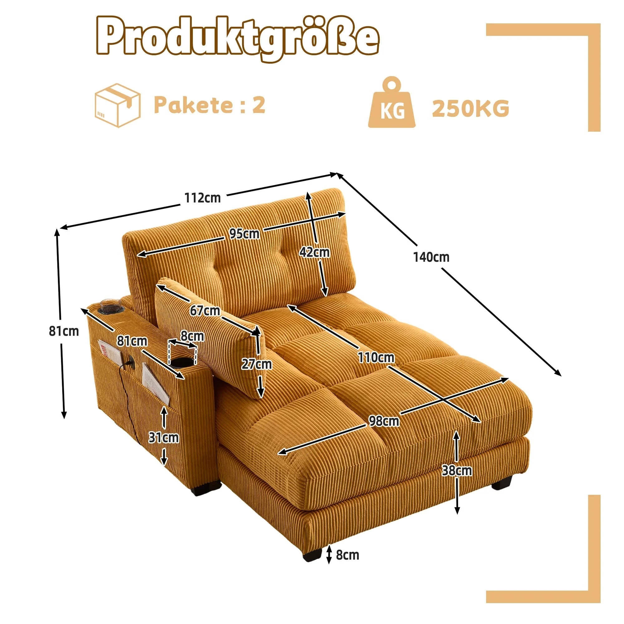 Palm Chair with Fluffy Cushions, Headrest, 3-Cup Holder & Side Pocket, Mustard - Image 2
