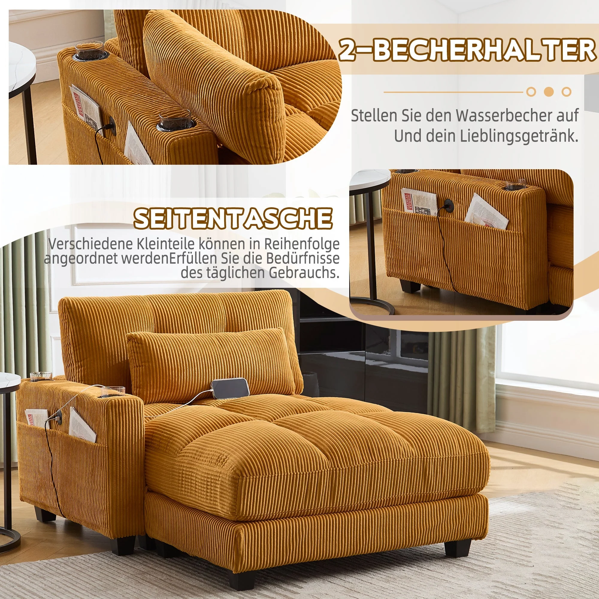 Palm Chair with Fluffy Cushions, Headrest, 3-Cup Holder & Side Pocket, Mustard - Image 6