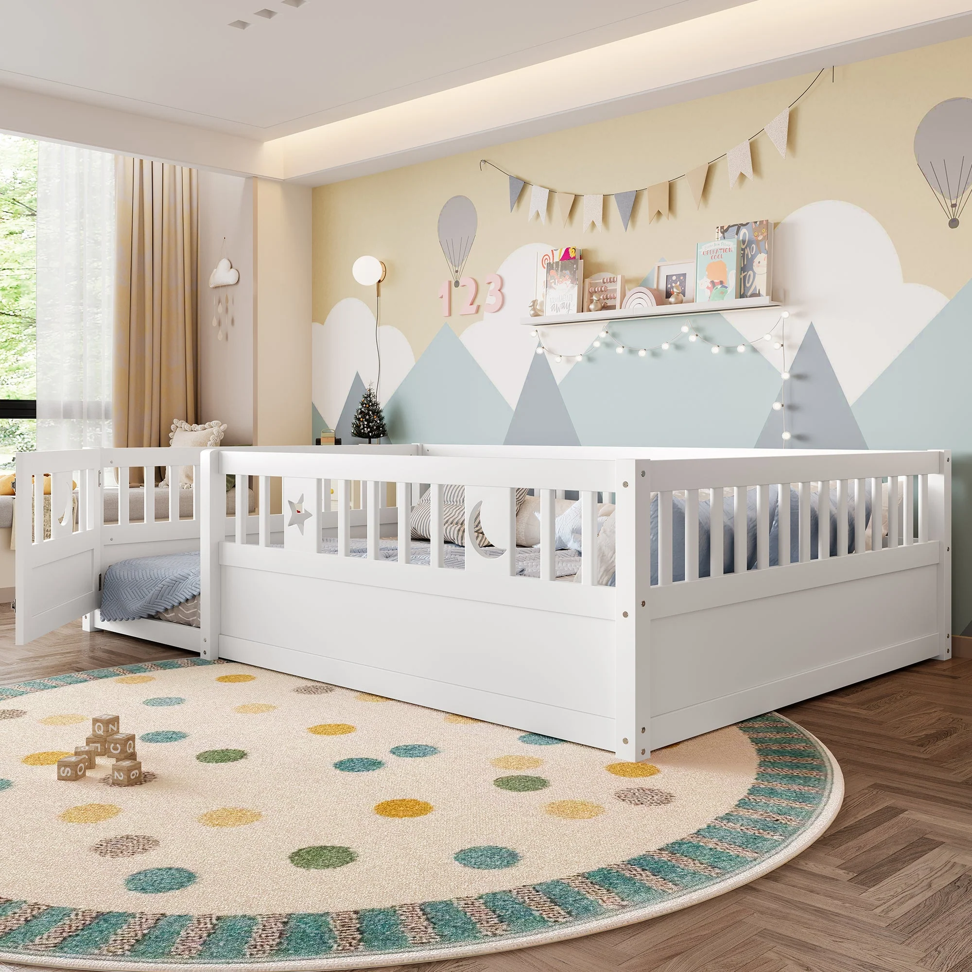 Panel Bed 140x190cm Children's Railing Star & Moon - White
