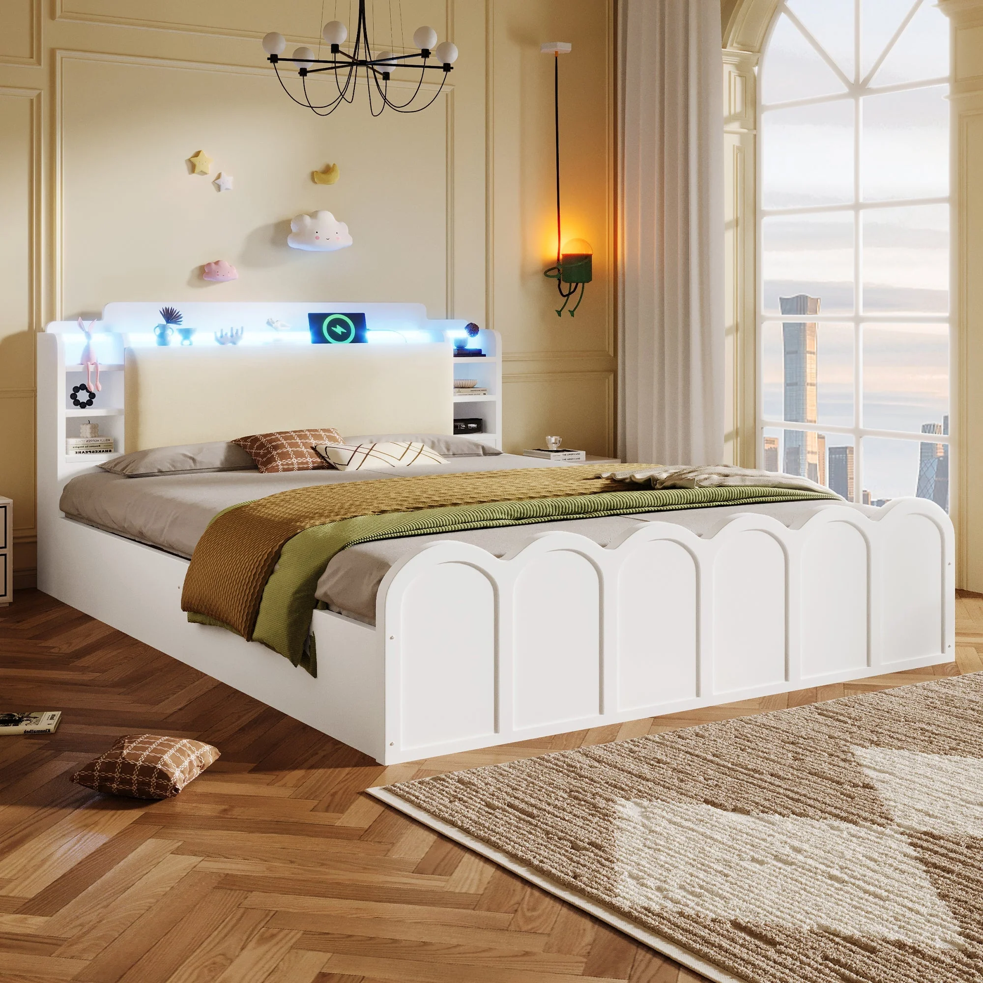 Panel Bed 140x200cm Hydraulic Storage USB-C LED Lighting White - Image 12