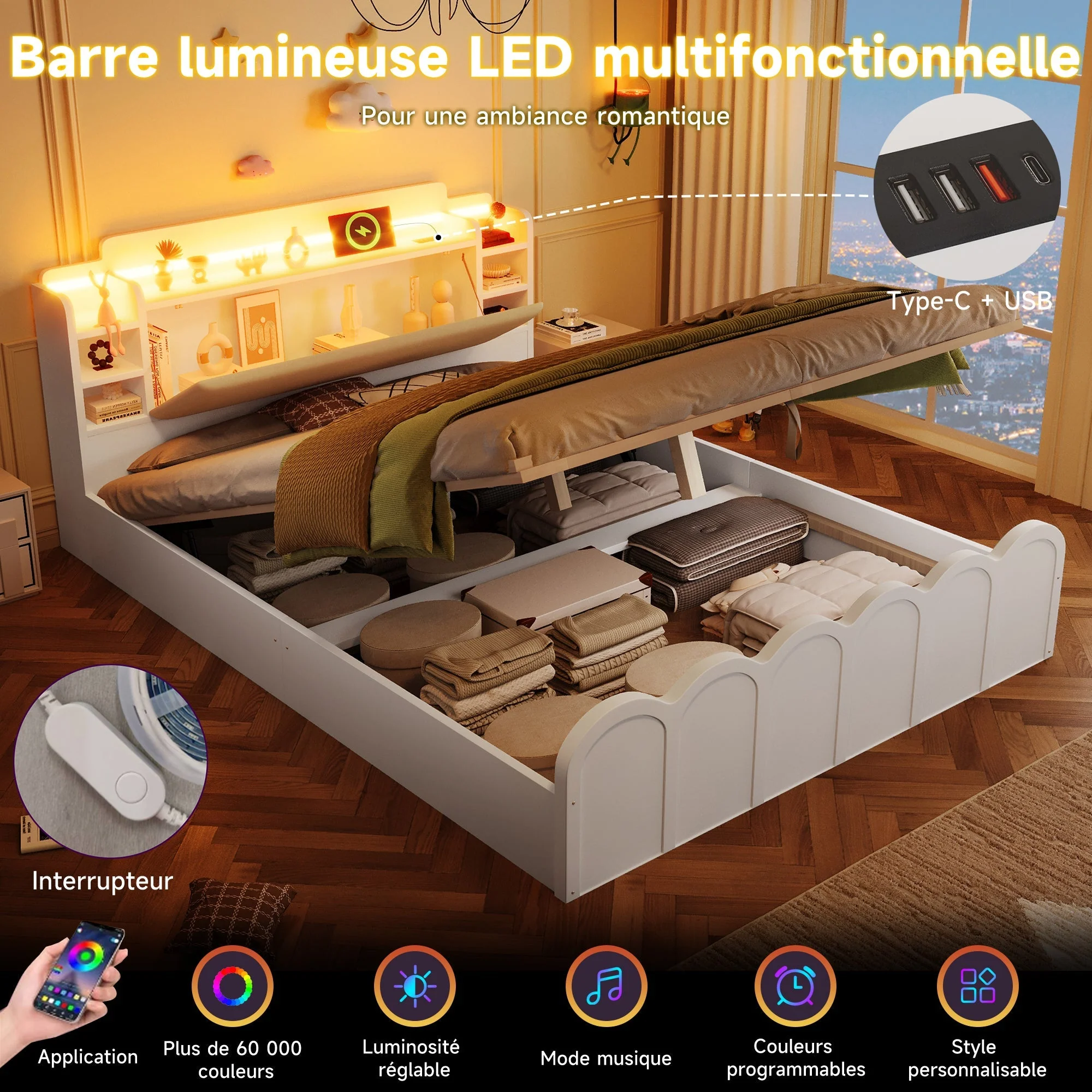 Panel Bed 140x200cm Hydraulic Storage USB-C LED Lighting White - Image 15