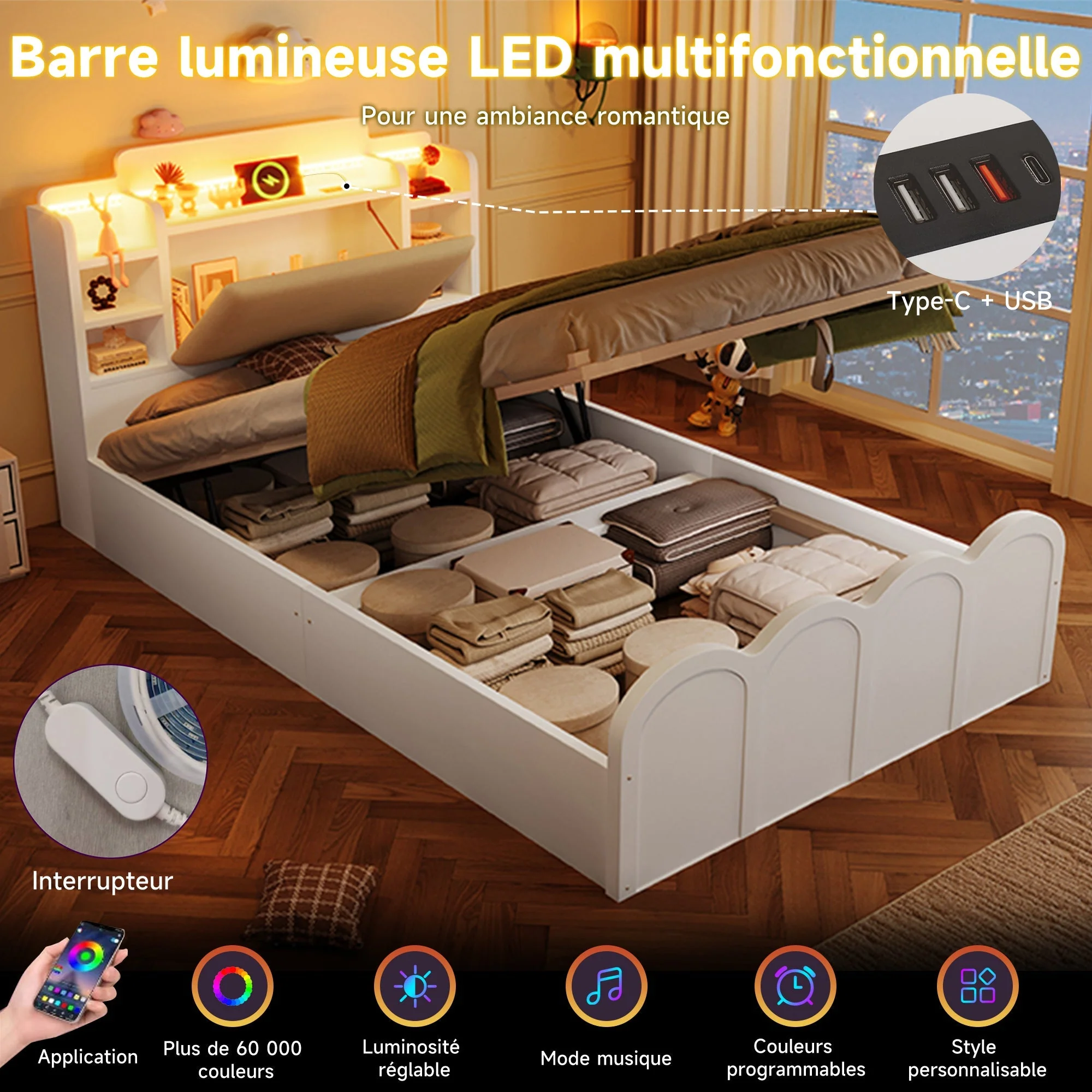 Panel Bed 90x200cm Hydraulic Storage USB-C Charging LED Multifunctional White - Image 10
