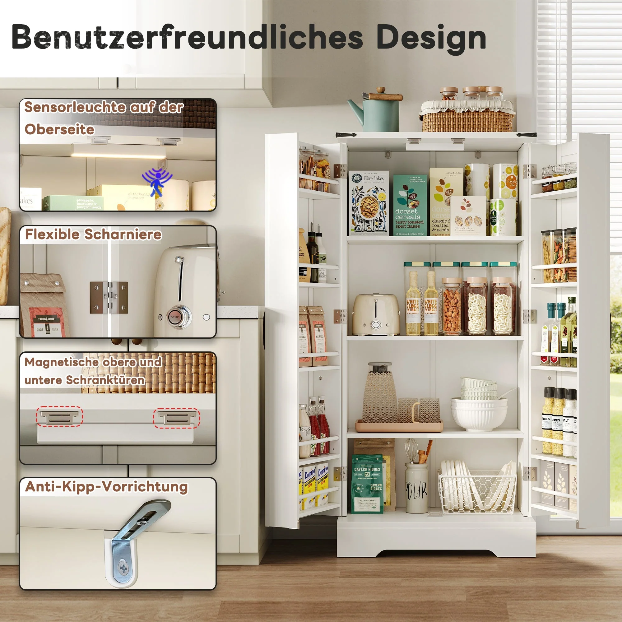 Pantry Cabinet 128.5cm Farmhouse LED 2 Doors Adjustable Shelves - White - Image 3