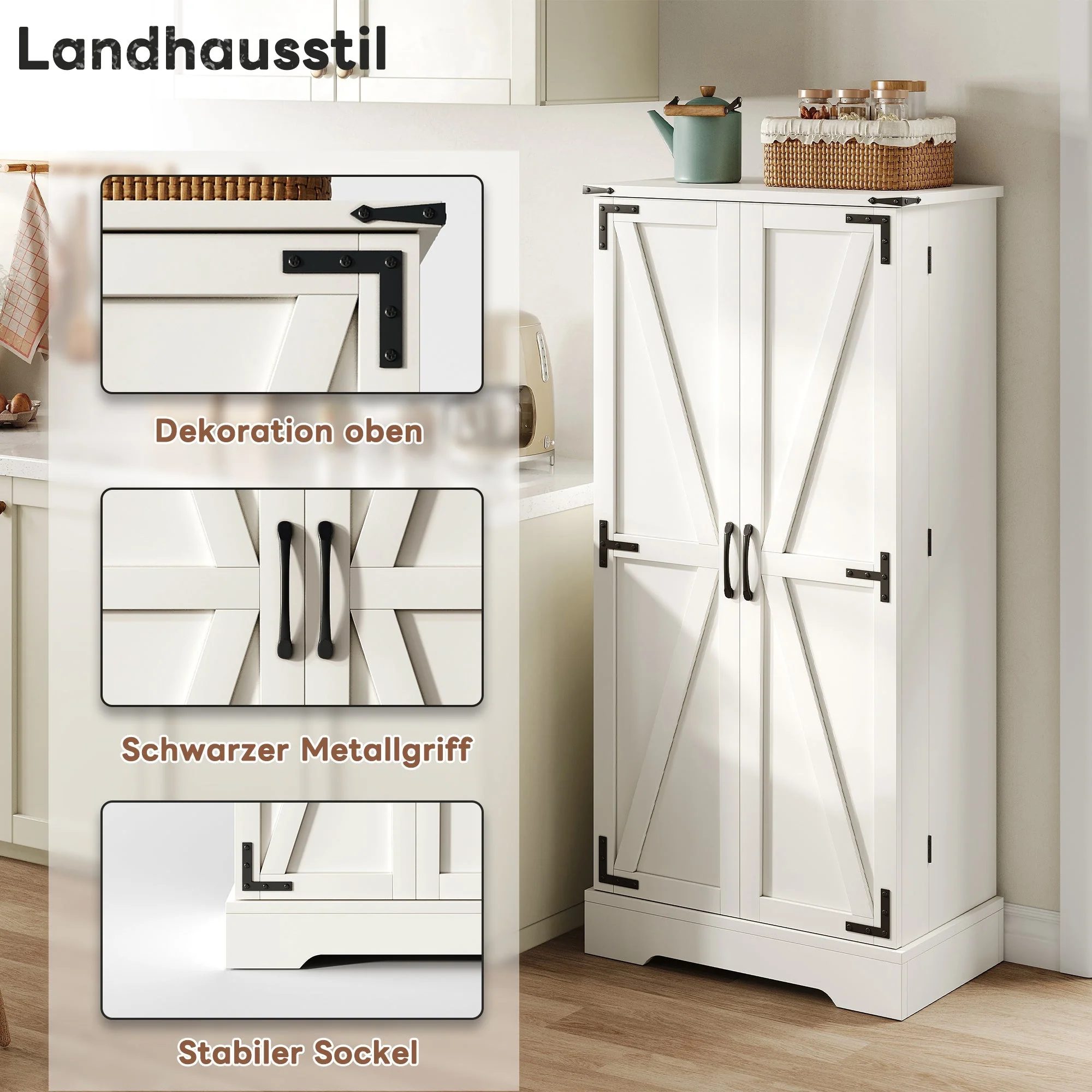 Pantry Cabinet 128.5cm Farmhouse LED 2 Doors Adjustable Shelves - White - Image 4