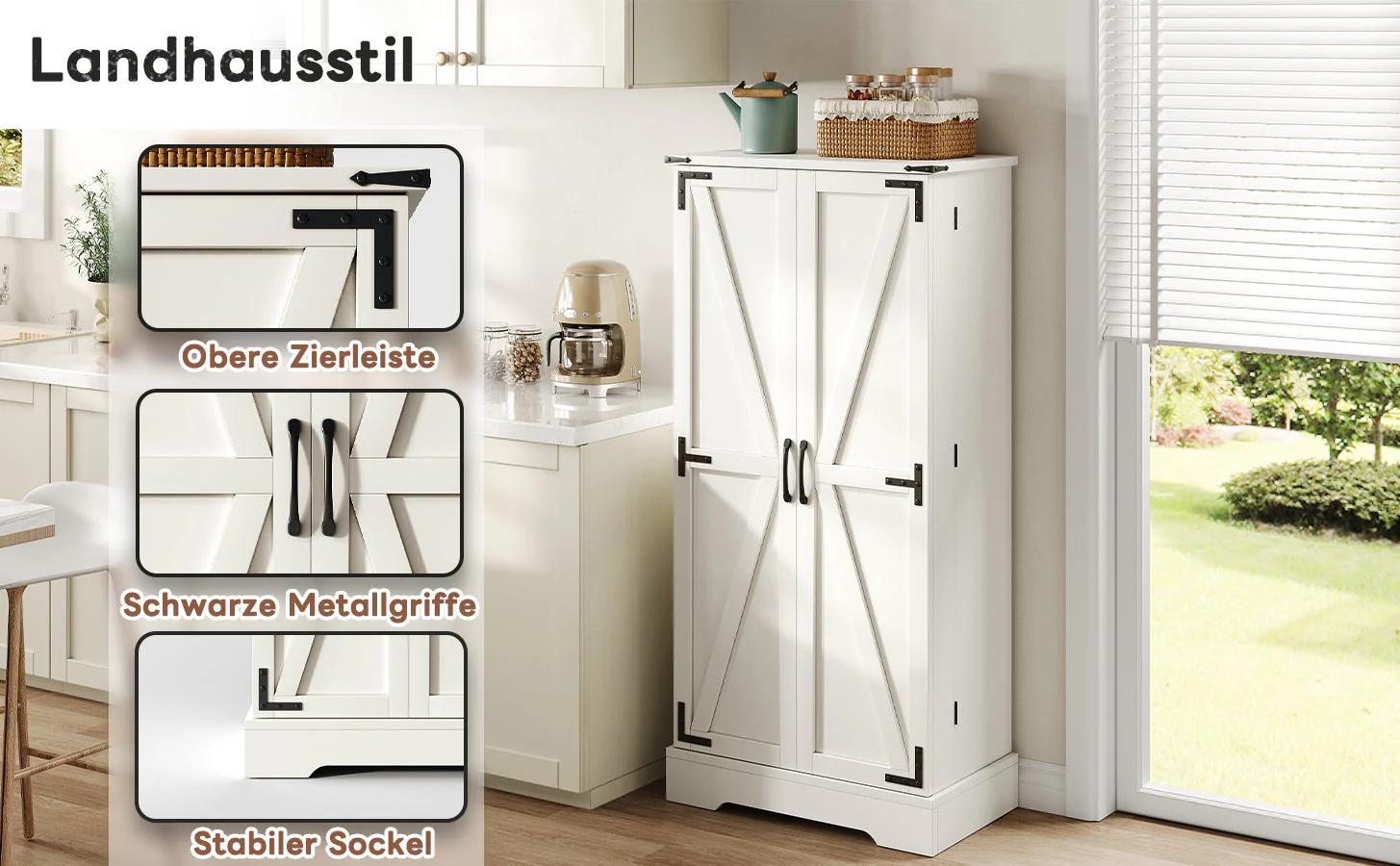 Pantry Cabinet 128.5cm Farmhouse LED 2 Doors Adjustable Shelves - White - Image 7