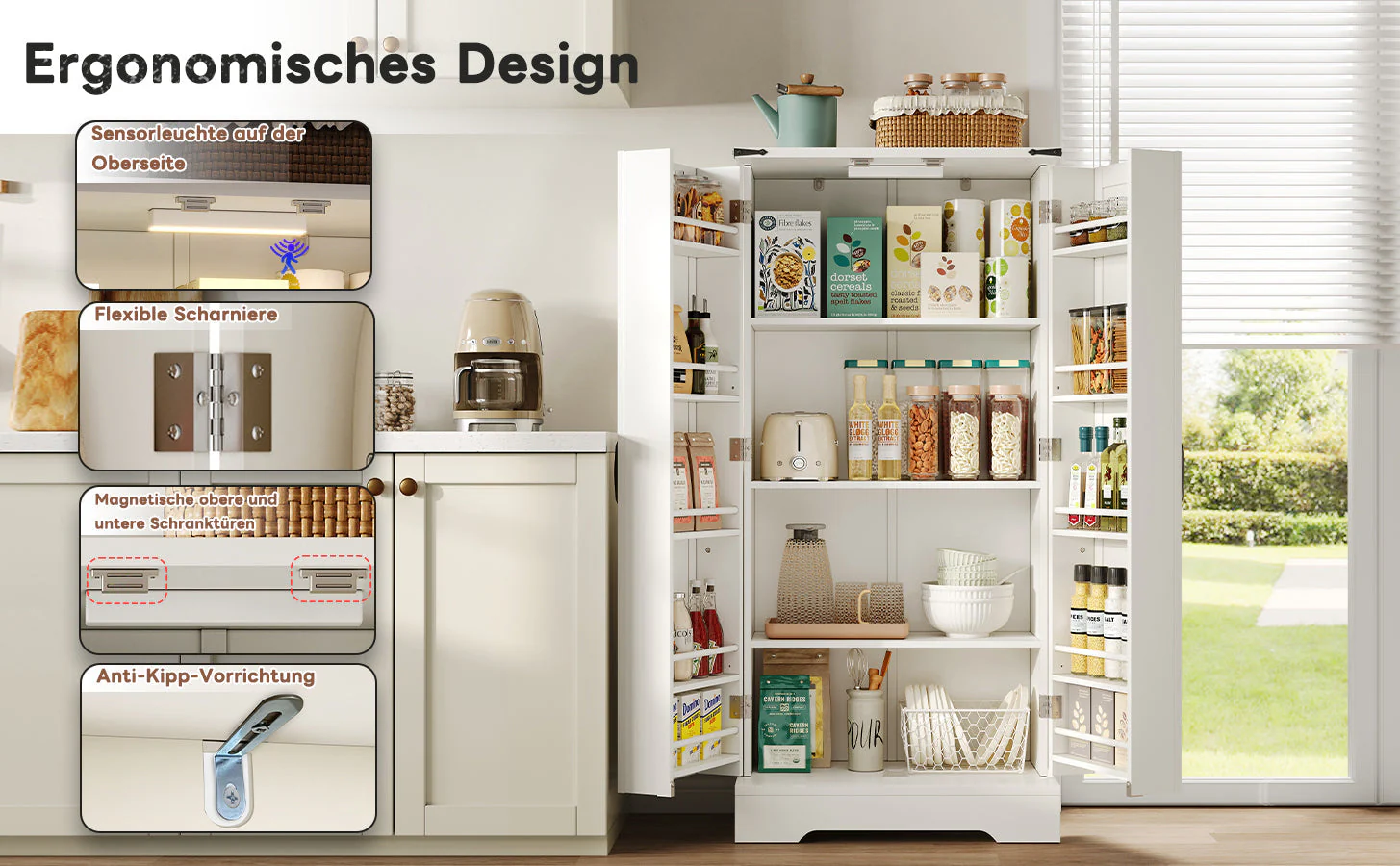 Pantry Cabinet 128.5cm Farmhouse LED 2 Doors Adjustable Shelves - White - Image 8