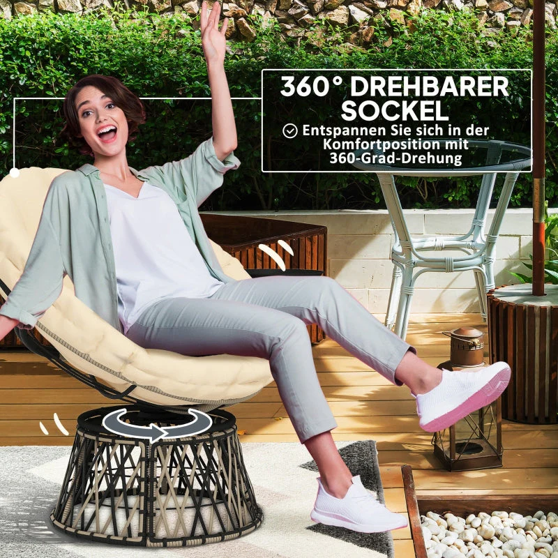 Papasan Chair, 360° Rotatable Wicker with Cushion Ø90 cm, Beige - Image 4