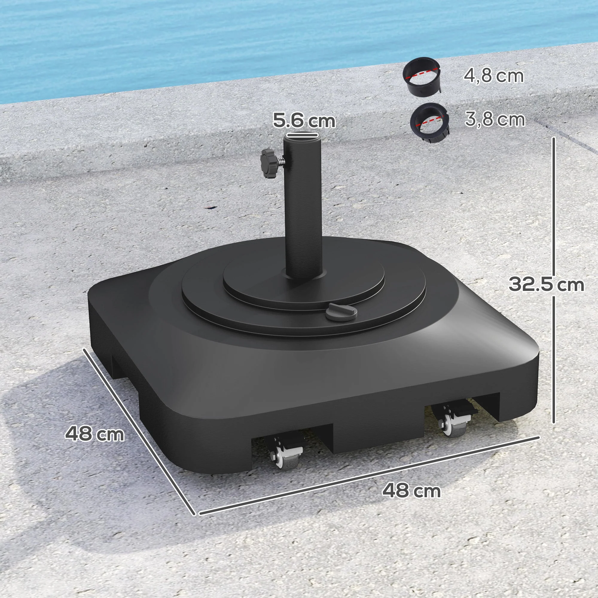Parasol Base, Fillable 25kg, With Wheels, For Ø38/48 mm, Black - Image 3